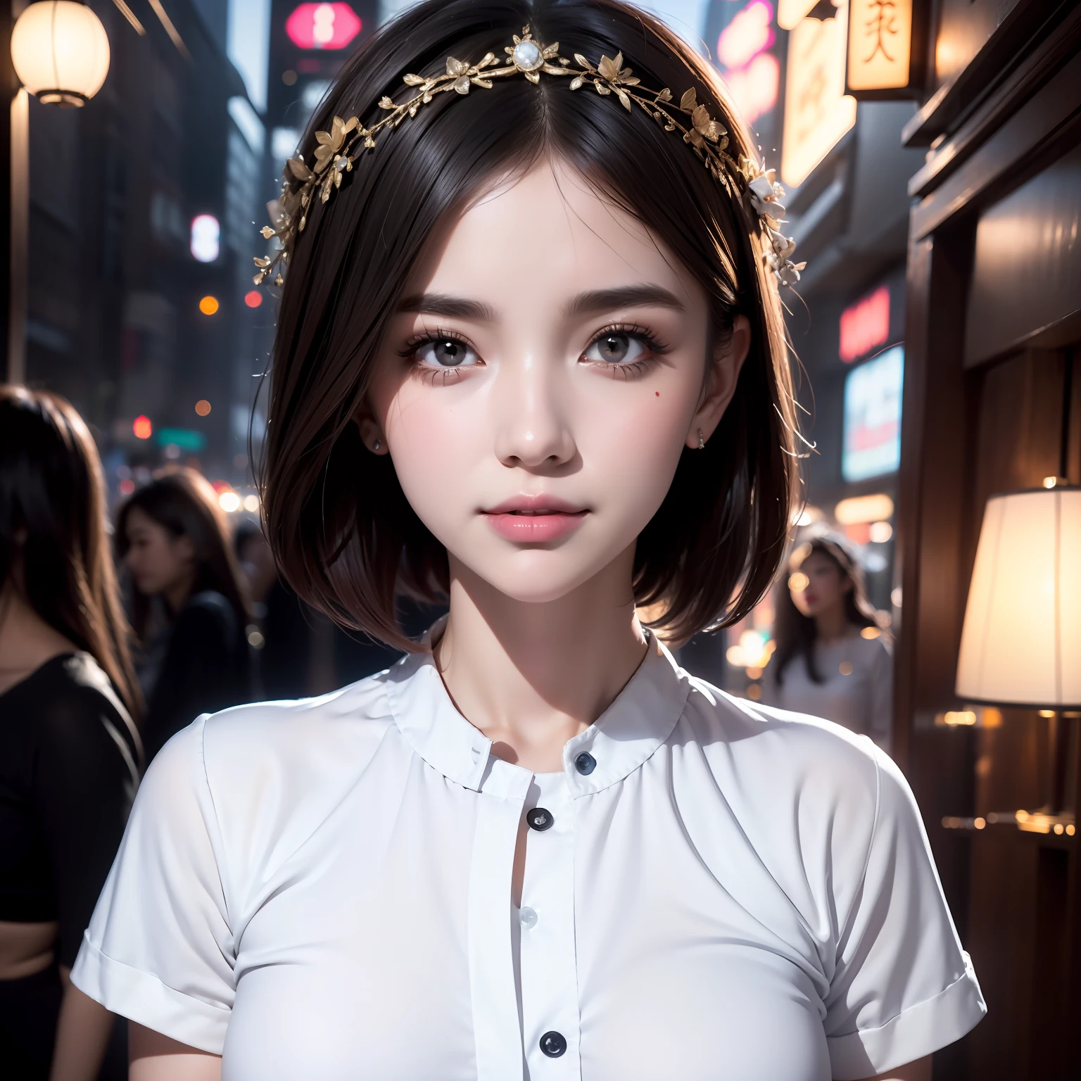 Close-up avatar。white short sleeve，exquisitedetails，Perfect details，sideface，White shirt，short detailed hair，largeeyes，Black eyes，Sparkle，edge lit，long eyelasher，Based on physical rendering，adolable，Lateral face，with a round face，ssmile，Close-up portrait of a girl，8K,8K high quality detailed art, Beautiful 2D portrait,firework background，Extremely quality，tmasterpiece，Need，Overlooking Chang'an, Never sleep，Fireworks headdress