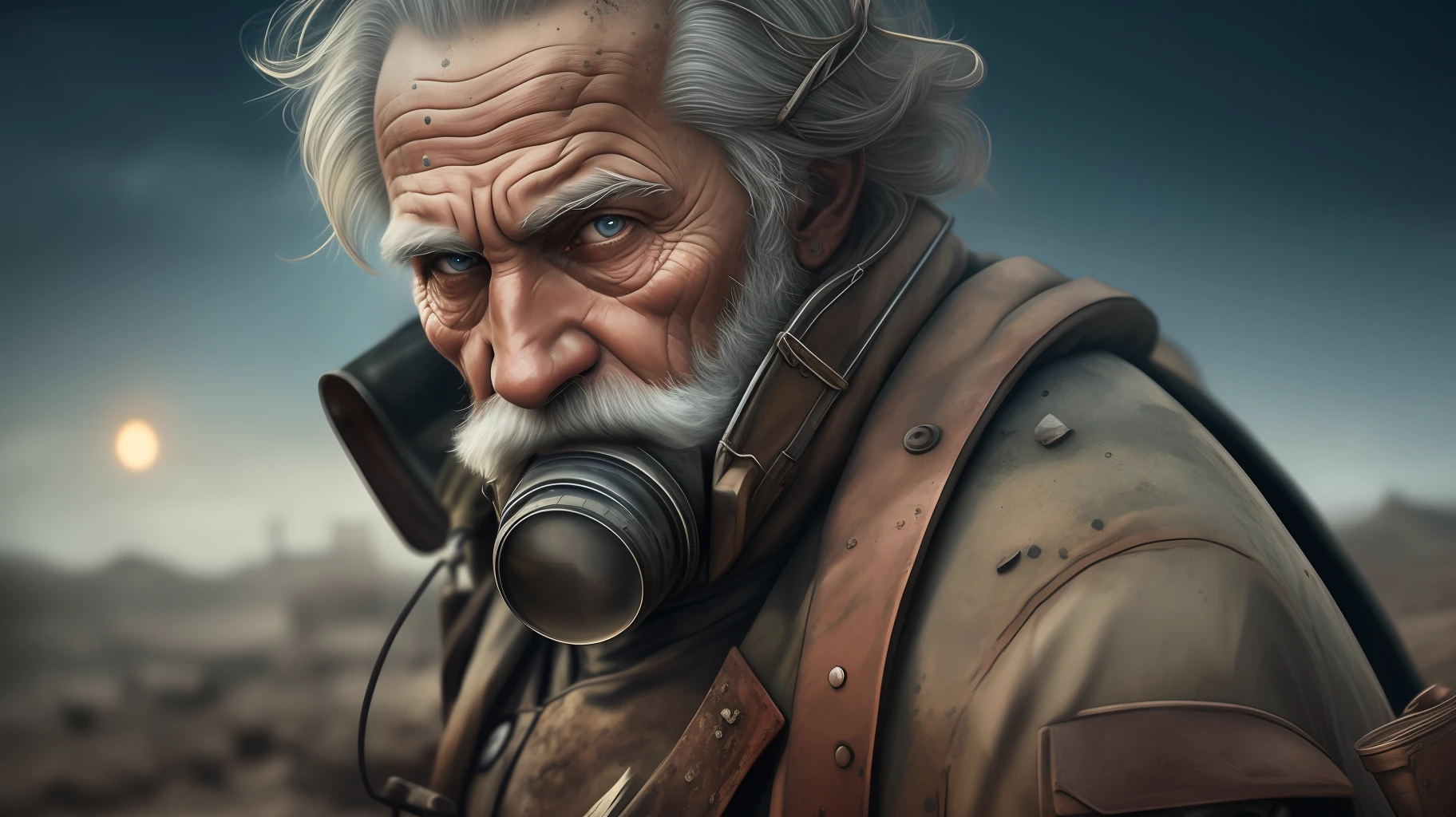 epic realistic, closeup, high-quality artwork of a oldman (rugged survivor:1.2) in a (post-apocalyptic:1.2) wasteland, that pops with color against the (desolate, barren:1.1) landscape, (dark shot:1.22), (intricate), (artstation:1.2), hyperdetailed