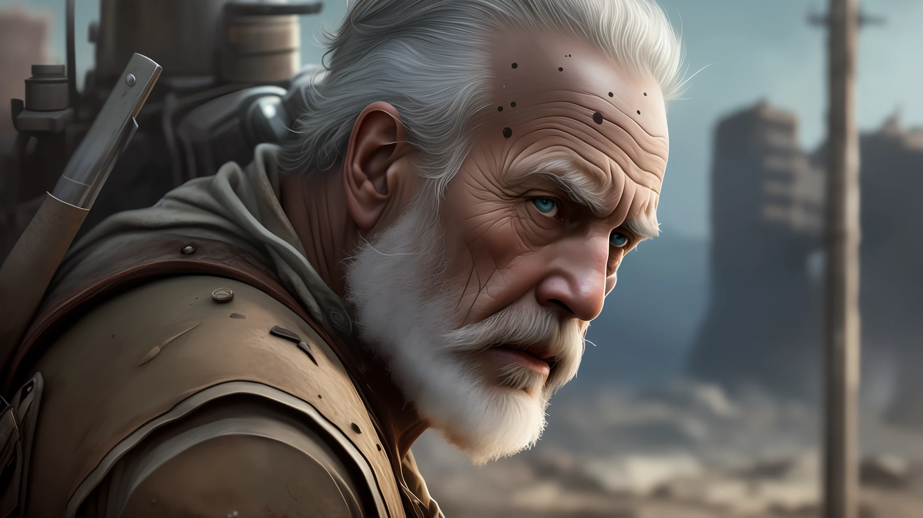 epic realistic, closeup, high-quality artwork of a oldman (rugged survivor:1.2) in a (post-apocalyptic:1.2) wasteland, that pops with color against the (desolate, barren:1.1) landscape, (dark shot:1.22), (intricate), (artstation:1.2), hyperdetailed