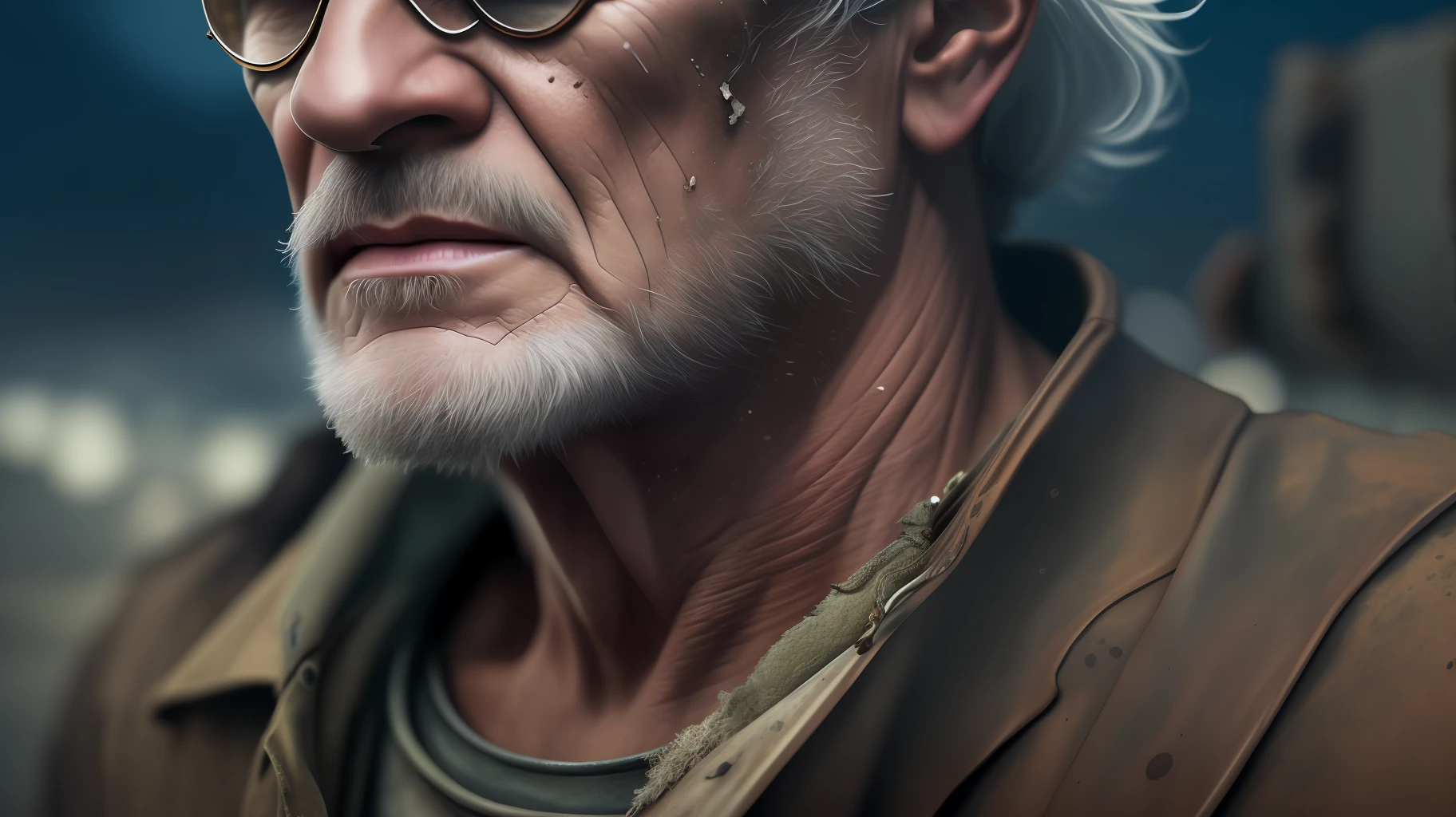 epic realistic, closeup, high-quality artwork of a oldman (rugged survivor:1.2) in a (post-apocalyptic:1.2) wasteland, that pops with color against the (desolate, barren:1.1) landscape, (dark shot:1.22), (intricate), (artstation:1.2), hyperdetailed