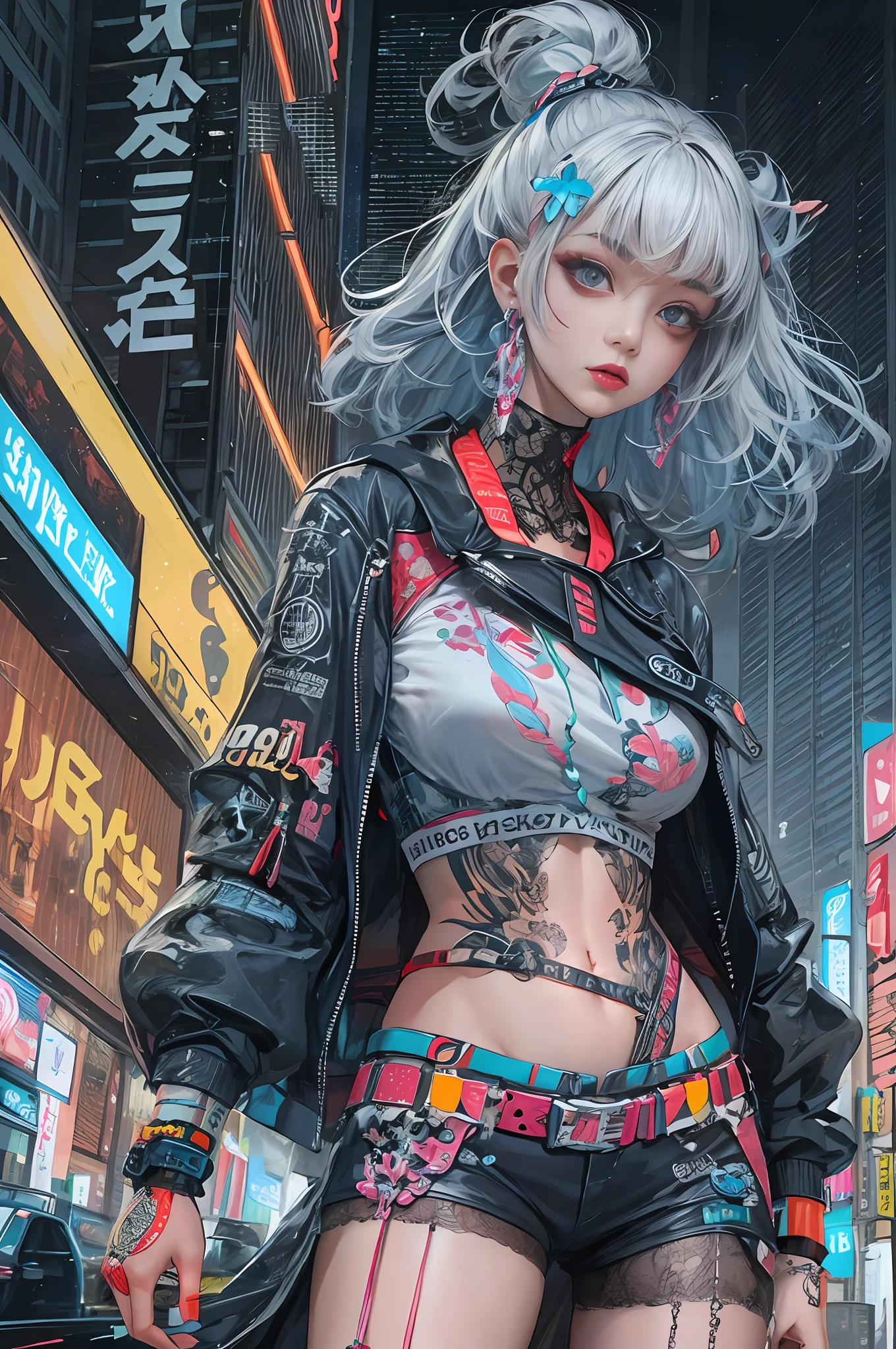 masterpiece, best quality, 1girl, full body, looking at viewer, Confident girl with sassy expression, Harajuku-inspired pop outfit, bold colors and patterns, eye-catching accessories, trendy and innovative hairstyle, vibrant makeup, Cyberpunk dazzling cityscape, skyscrapers, neon signs, LED lights, bright and vivid color scheme, anime, illustration, detailed skin texture, detailed cloth texture, beautiful detailed face, intricate details, ultra detailed.