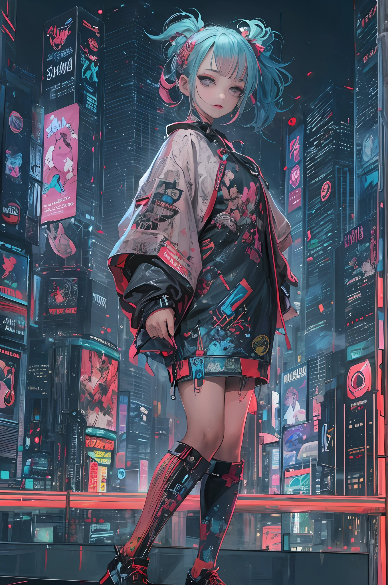 masterpiece, best quality, 1girl, full body, looking at viewer, Confident girl with sassy expression, Harajuku-inspired pop outfit, bold colors and patterns, eye-catching accessories, trendy and innovative hairstyle, vibrant makeup, Cyberpunk dazzling cityscape, skyscrapers, neon signs, LED lights, bright and vivid color scheme, anime, illustration, detailed skin texture, detailed cloth texture, beautiful detailed face, intricate details, ultra detailed.