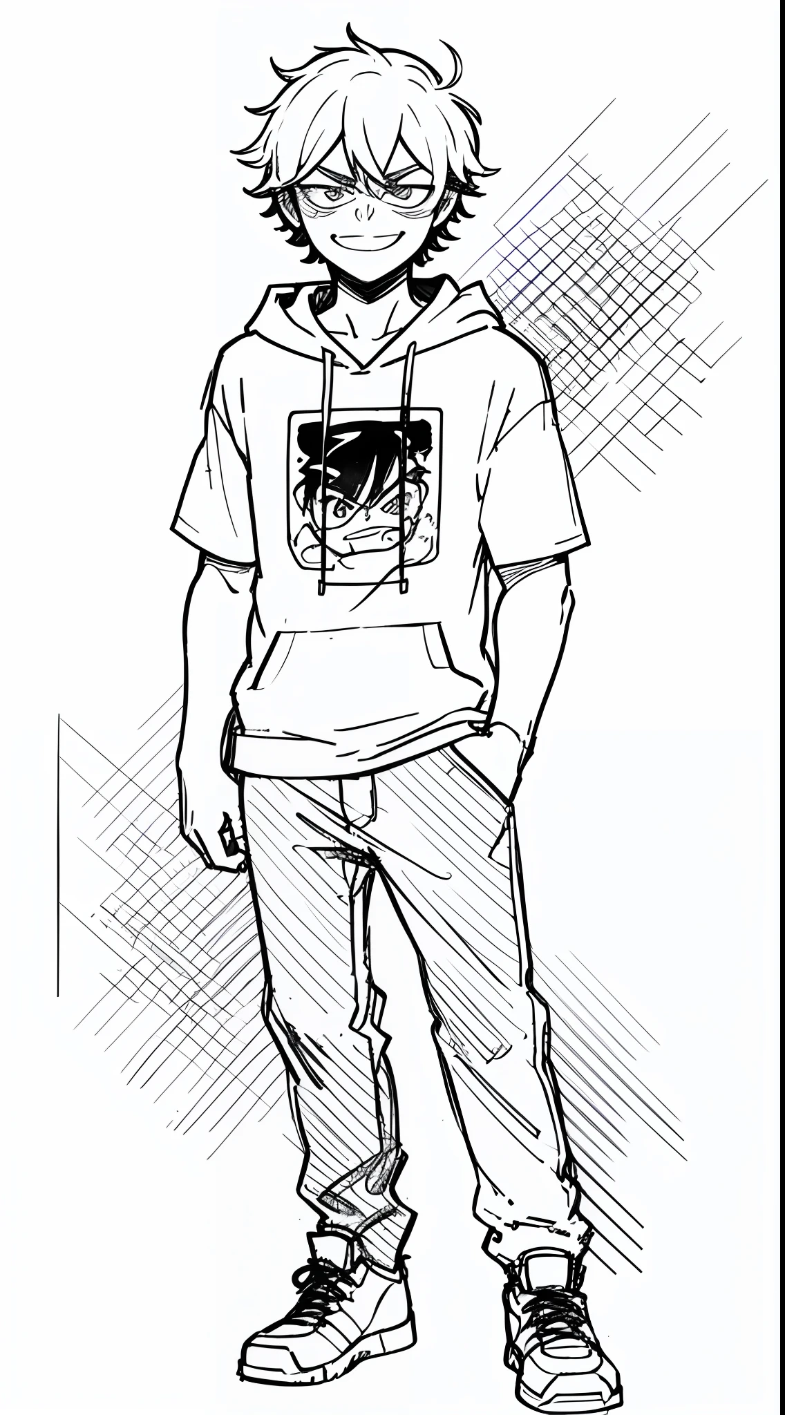 (Full Body: 1.2), white background, monochrome, line drawing, ((sketch)), 1boy, badass, antagonist, cute, smug, smile, rolling eyes, short pant, hoodie, t-shirt