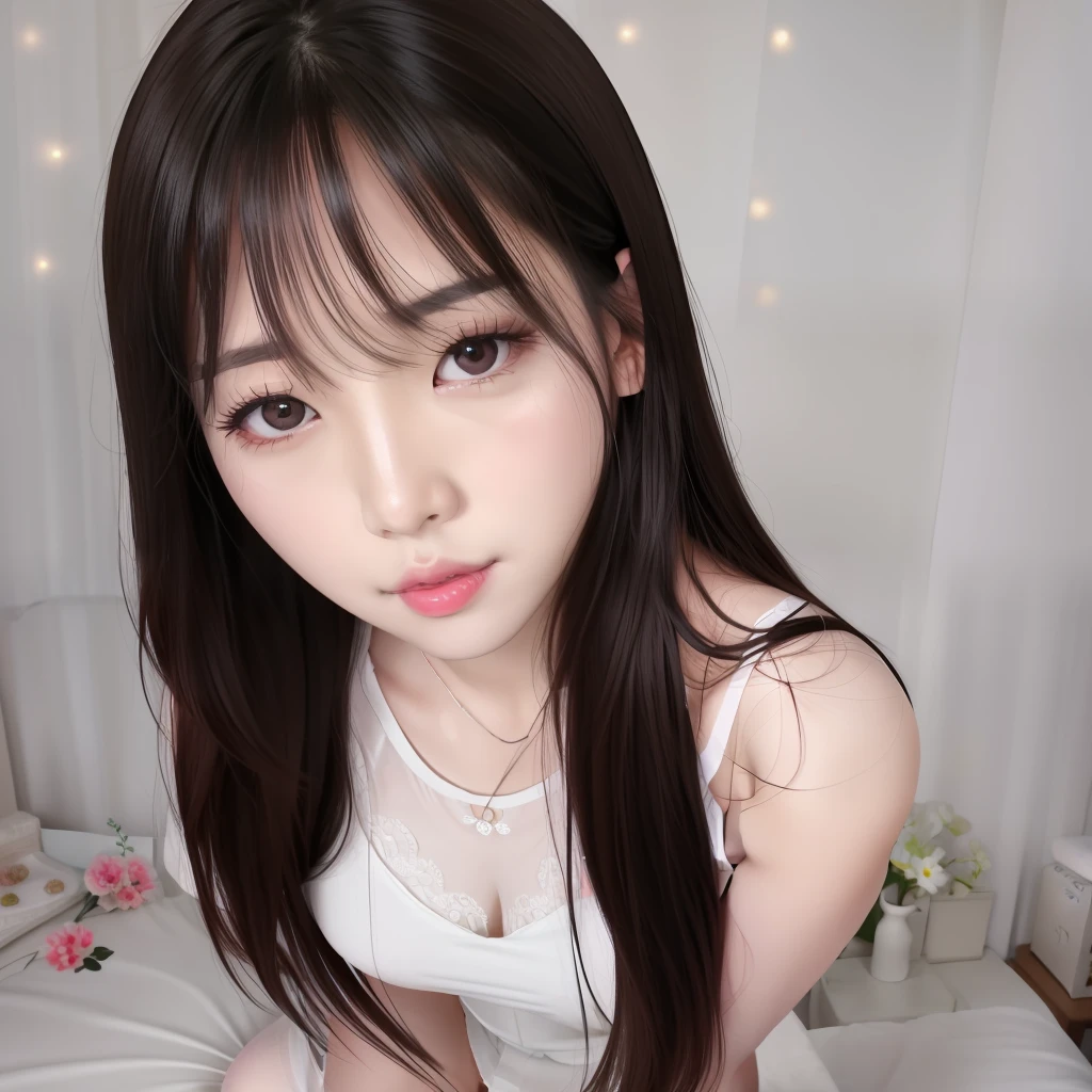 photo of (raw photo:1.2), (photorealistic:1.4), (Kpop idol), korean, beautiful, shiny skin, smooth skin, oil skin, white skin, whiter skin, long hair, (((full body))),  white transparent night gown, hand behind back, brown eyes, brown hair, light smile, looking at viewer, ((bedroom)), (girl in bed) ,pink lips, lips with lipstick,light blush, parted lips, bigger eyes,brown eyes,
