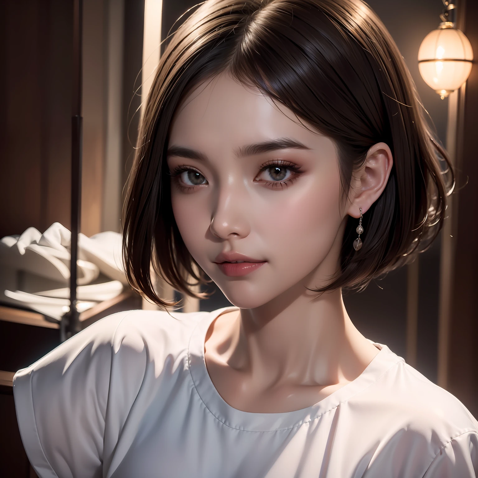 Close-up avatar。white short sleeve，exquisitedetails，Perfect details，sideface，White shirt，short detailed hair，largeeyes，Black eyes，Sparkle，edge lit，long eyelasher，Based on physical rendering，adolable，Lateral face，with a round face，ssmile，Close-up portrait of a girl，8K,8K high quality detailed art, Beautiful 2D portrait,firework background，Extremely quality，tmasterpiece，Need，Overlooking Chang'an, Never sleep，Fireworks headdress