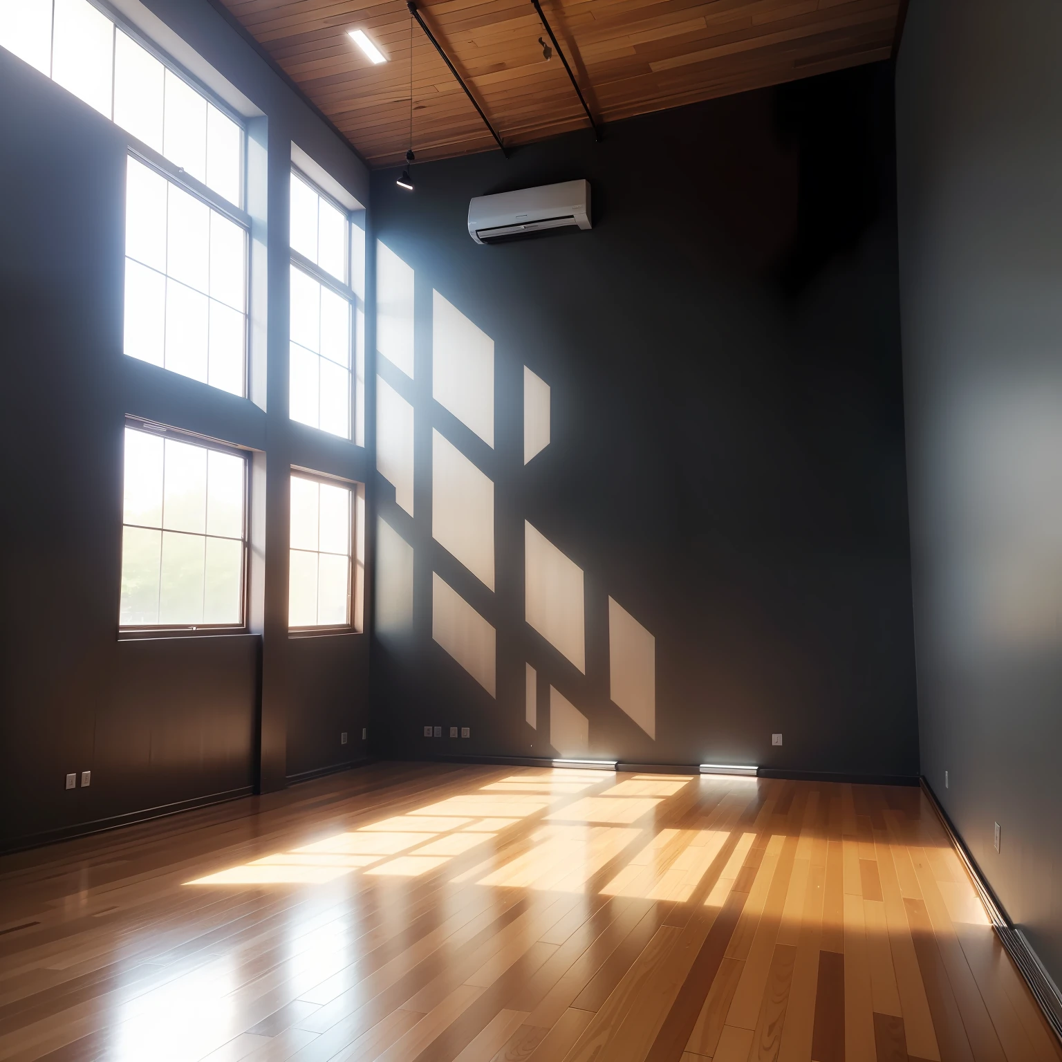 Dance studio with high ceilings, espelho em uma parede, wooden floor and a black wall