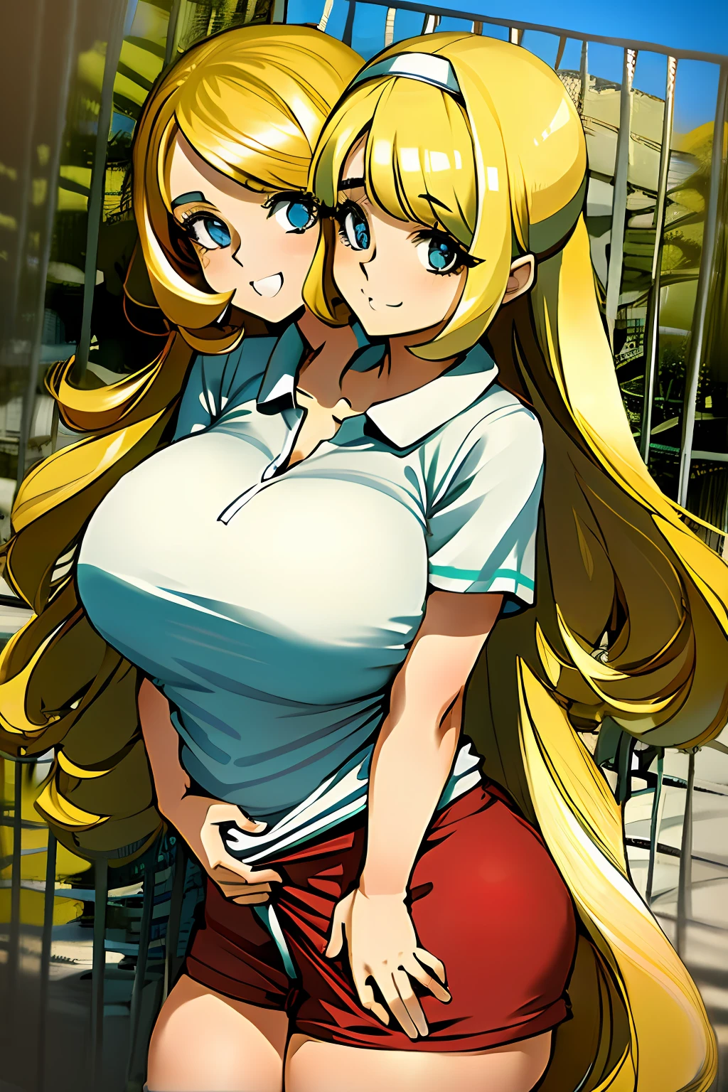 2heads, short chubby woman with 2 heads. She has enormous breasts. She is wearing a tennis outfit. She is outside. She has gigantic breasts. She has long blonde hair. She has enormous breasts.