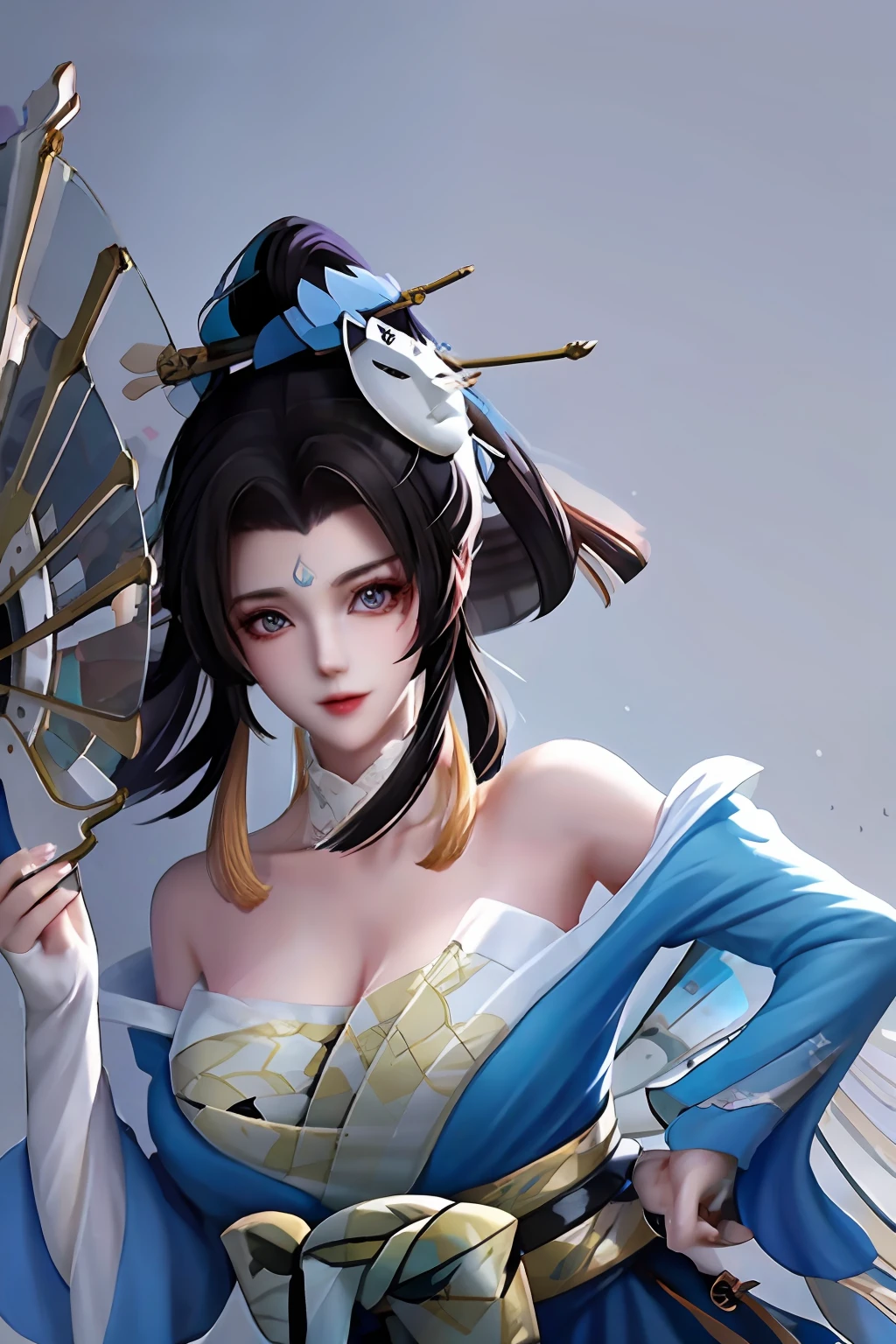 huowu,1girl, solo, black hair, long hair,white thighhighs, chair, high heels, cosplay,((upper body)),young and beautiful, tall and beautiful, fair face, perfect features, tall and beautiful, fair skin, good figure, 4k,cg,
holding fan, blue theme,gameCG background,3Drender,realistic,cinematic lighting,smooth fog,detailed face, light smile, (((The Architectural Background of Japanese Style)))