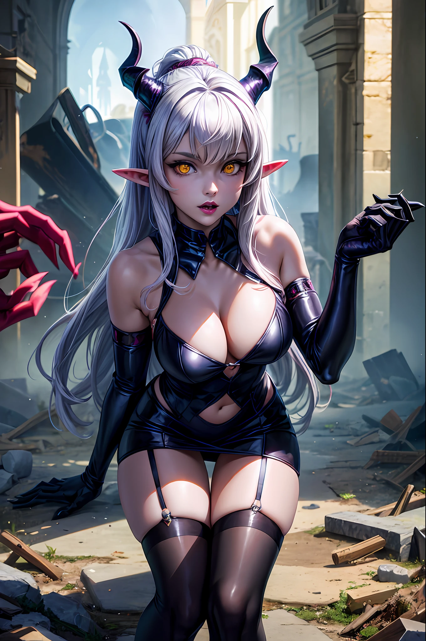 A female demon with elf ears and demon horns in a dirty and destroyed abandoned cathedral, Um rosto maduro e adulto com um olhar frio e maligno para os espectadores com dentes de vampiro, e corpo volumoso com seios e busto enormes, Cabelos prateados com mechas roxas molhado ,(purple and yellow demonic eyes), ((Heterocromia)), olhos brilhantes, vestido de noiva volumoso longo e grande molhado, unhas grandes longas e pontiagudas, Moda realista, sysie high definition details, fotografia, perspicacity, unique 850 4, Koda850 k portrait camera, Primavera F1.6, cores ricas, Textura super realista, textura de luz espetacular, arte surreal, Cinestil 800 mecanismo de moda,