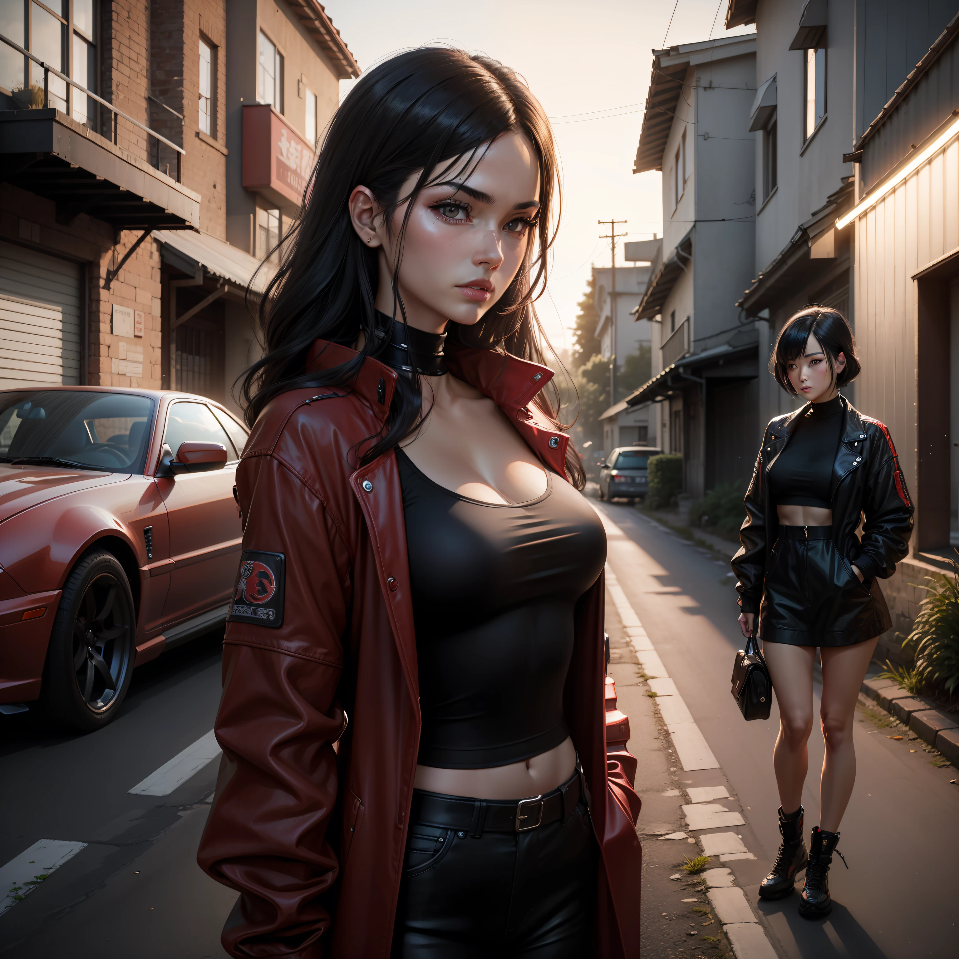 there is a beautiful women standing next to a red car, in the cyberpunk countryside, black hair, touge, drifters, night time, night, ambient