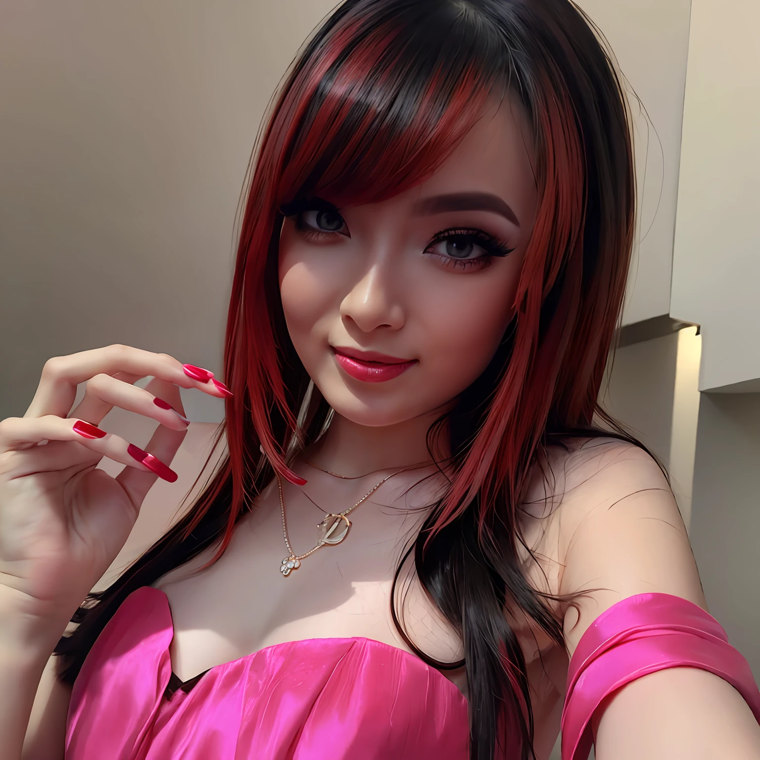 woman, Wearing hot pink dress, legsumps, in the house, beautiful face, perfect face, red nails, smile, half body, black long bangs hair, beautiful eyes, masterpiece, best quality, photorealistic