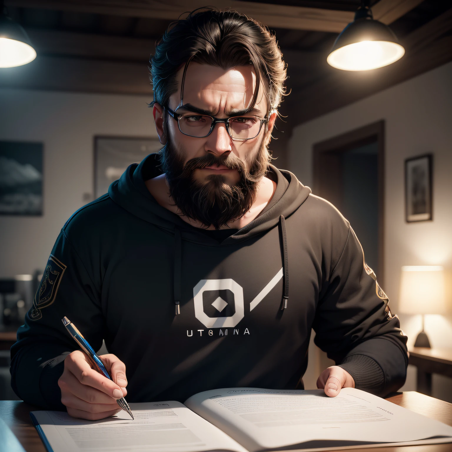 oto ultra realista,cena cinematogafica, Homem com barba escrevendo em um caderno, obra-prima, melhor qualidade, alta qualidade, papel de parede 8k de unidade CG extremamente detalhado, fotografia premiada, Bokeh, Depth of Field, HDR, bloom, chromatic aberration, fotorrealista, extremamente detalhado, trending on ArtStation, trend at CGSociety, intrincado, alto detalhe, dramatic, arte no meio da jornada, volumeric lighting