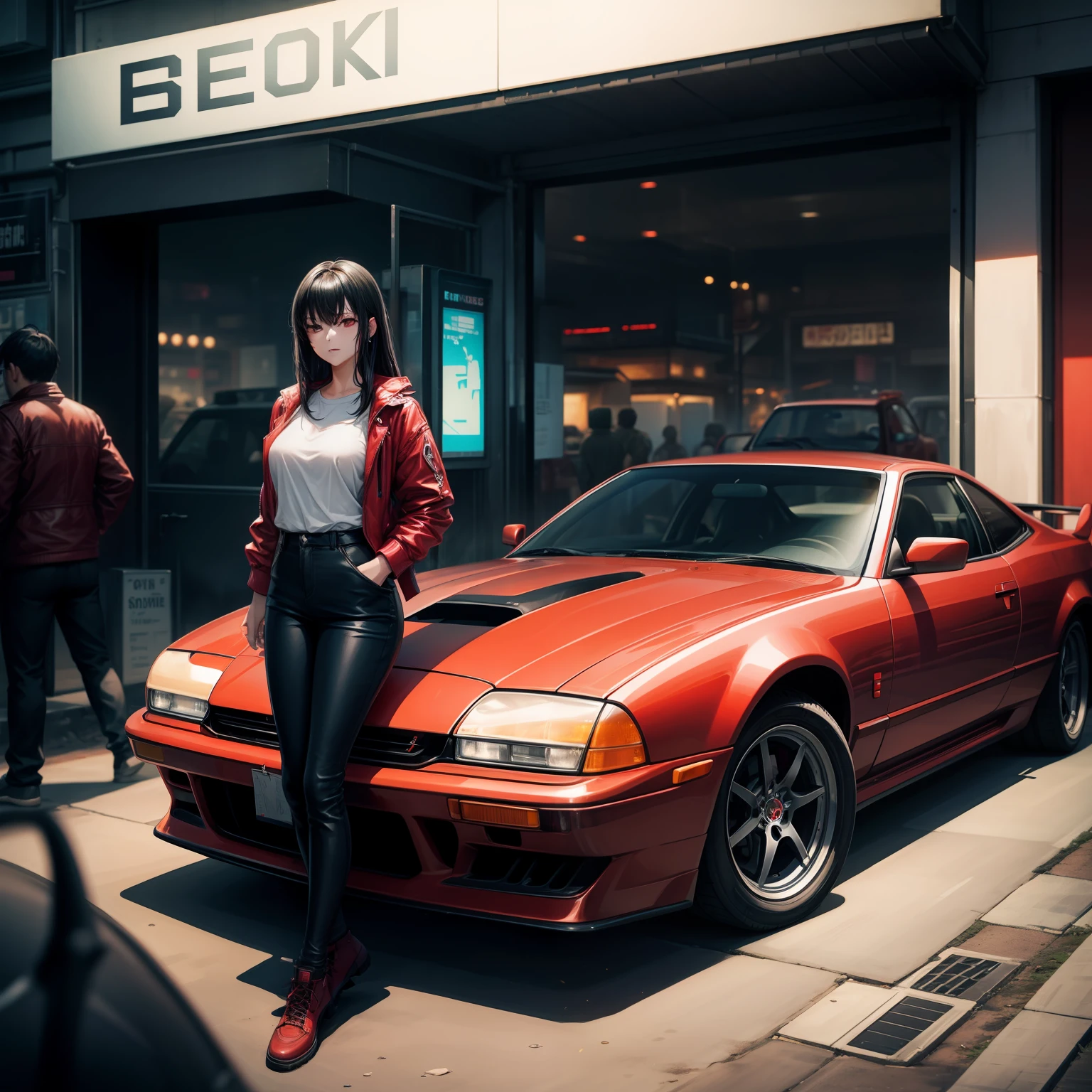 there is a beautiful women standing next to a red car, in the cyberpunk countryside, black hair, touge, drifters, night time, night, ambient