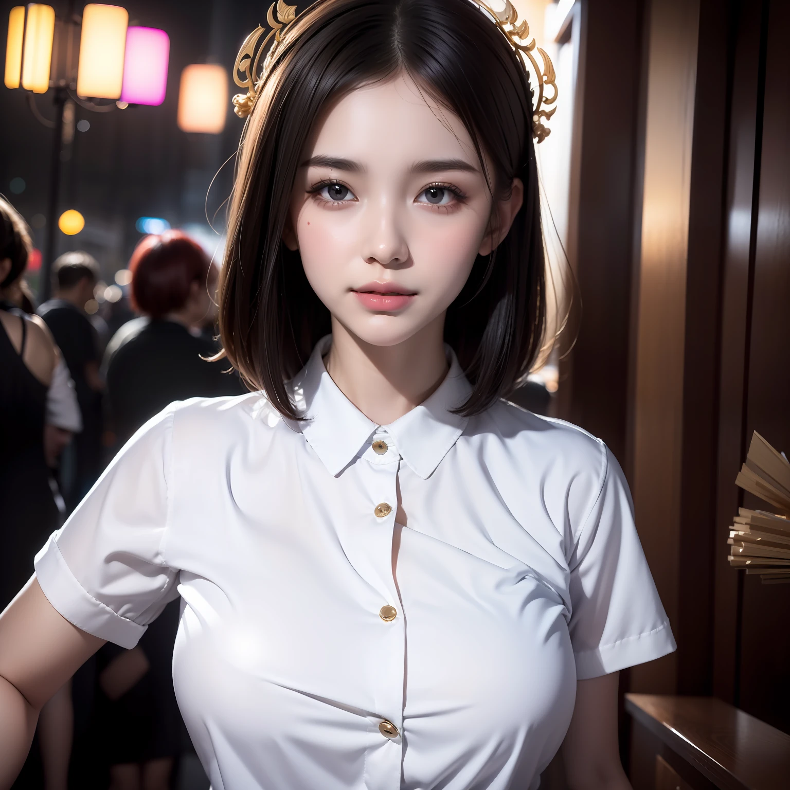 Close-up avatar。white short sleeve，exquisitedetails，Perfect details，sideface，White shirt，short detailed hair，largeeyes，Black eyes，Sparkle，edge lit，long eyelasher，Based on physical rendering，adolable，Lateral face，with a round face，ssmile，Close-up portrait of a girl，8K,8K high quality detailed art, Beautiful 2D portrait,firework background，Extremely quality，tmasterpiece，Need，Overlooking Chang'an, Never sleep，Fireworks headdress