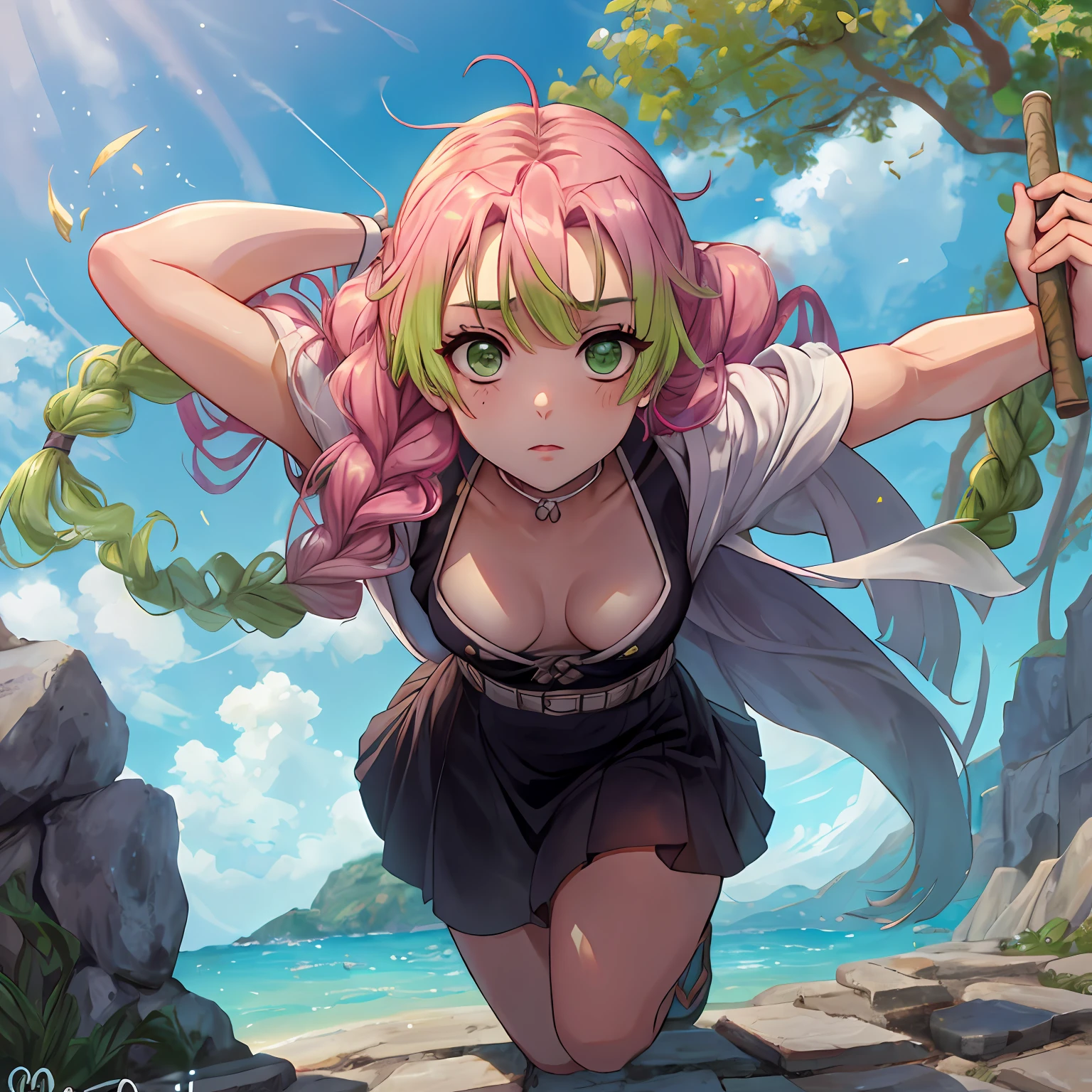 majo, (melhor qualidade, obra-prima, super detalhado: 1.5), perfect lighting, brilhante, Alugar, Natureza, Cobblestones, vapor, blue skies, Ao longe, corpo inteiro, foco no rosto, 1girl, Mitsuri (Demon Slayer), bonita, Sympathetic face ((Mitsuri (Demon Slayer))), a girl with long pink-green gradient hair and green eyes.