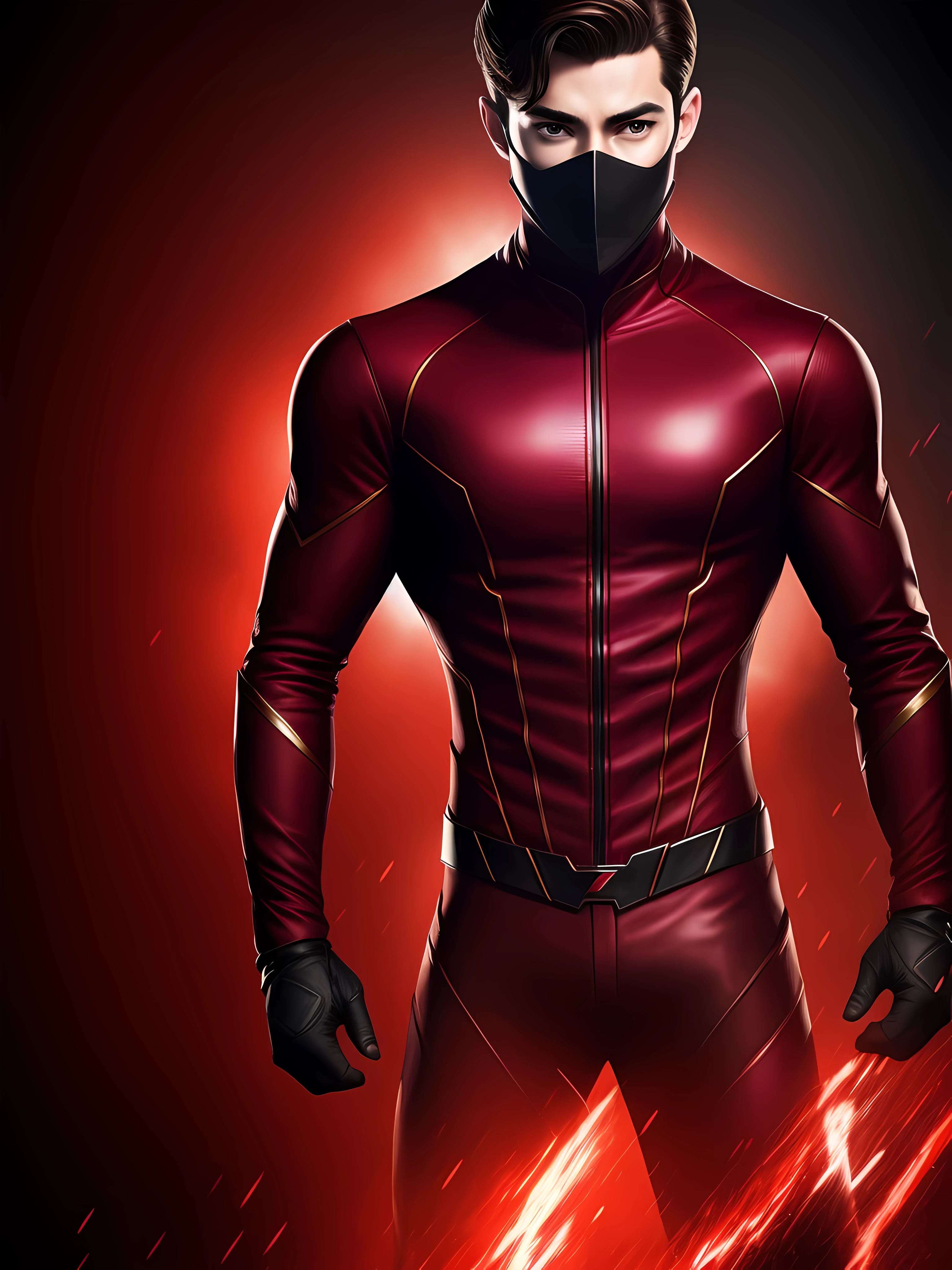 Flash image, dark style red clothes, mask, male character Barry Allen, wallpaper style, detailed image, realistic, true to the series, cinematic setting, style in the dark shadows, realistic, detailed, high quality resolution
