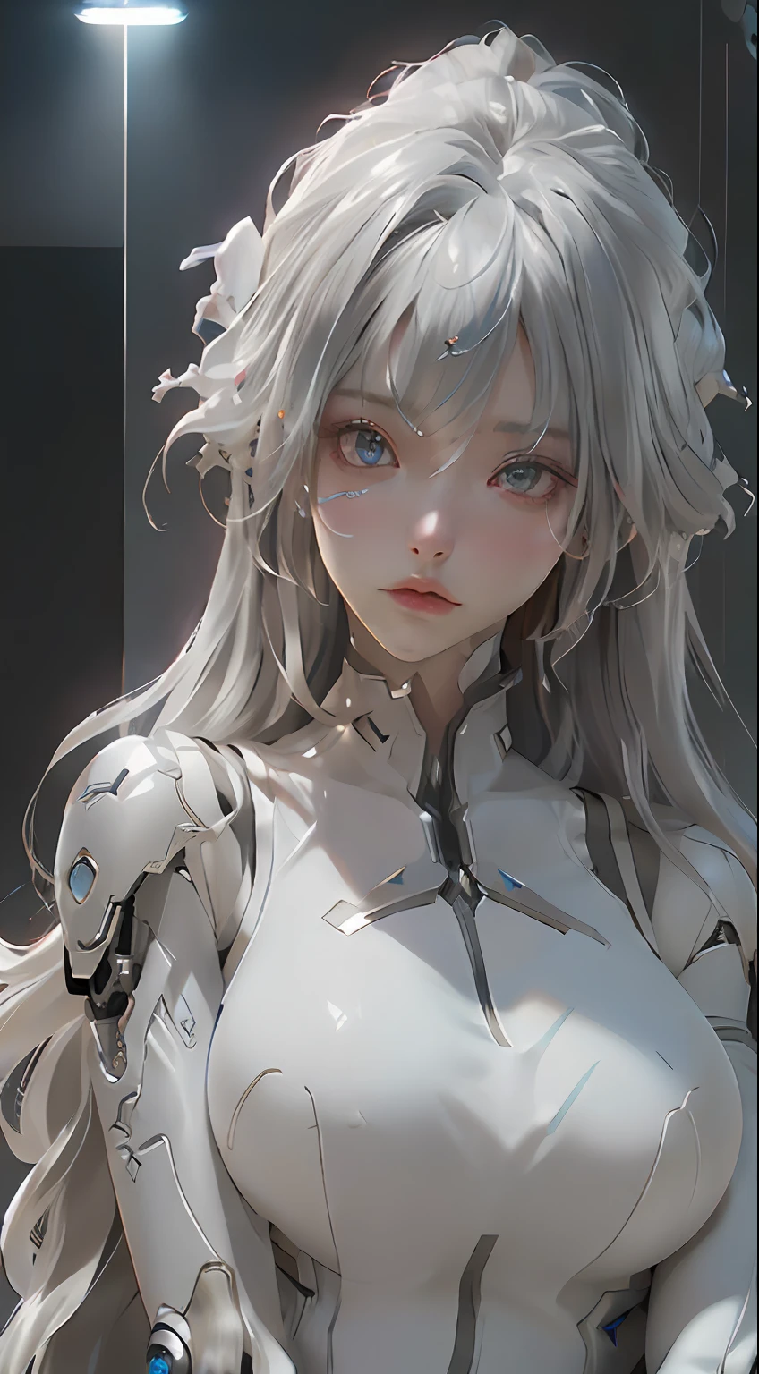 angel wings and a halo on her head, angel knight girl, silver haired deity, anime goddess, (Best Quality), ((Masterpiece), (Detail: 1.4), 3D, A Beautiful Cyberpunk Woman, HDR (High Dynamic Range), Ray Tracing, NVIDIA RTX, Super-Resolution, Unreal 5, Subsurface Scattering, PBR Textures, Post-Processing, Anisotropic Filtering, Depth of Field, Maximum Sharpness and Clarity, Multi-layer Textures, Albedo and Highlight Maps, Surface Shading, Exact simulation of light-material interactions, perfect proportions, Octane Render, bicolor light, large aperture, low ISO, white balance, rule of thirds, 8K RAW, close-up of a woman with very long hair and a very large body, perfect anime robot woman, anime robot with organic mix, best anime 4K konachan wallpaper, detailed digital anime art, beautiful girl cyborg, portrait of cyborg queen, cyborg - silver girl, biomechanics oppai, Digital cyberpunk anime art