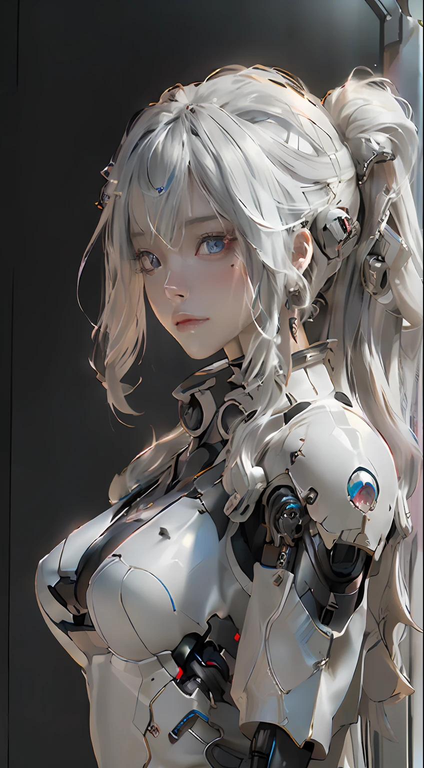 angel wings and a halo on her head, angel knight girl, silver haired deity, goddess, (Best Quality), ((Masterpiece), (Detail: 1.4), 3D, A Beautiful Cyberpunk Woman, HDR (High Dynamic Range), Ray Tracing, NVIDIA RTX, Super-Resolution, Unreal 5, Subsurface Scattering, PBR Textures, Post-Processing, Anisotropic Filtering, Depth of Field, Maximum Sharpness and Clarity, Multi-layer Textures, Albedo and Highlight Maps, Surface Shading, Exact simulation of light-material interactions, perfect proportions, Octane Render, bicolor light, large aperture, low ISO, white balance, rule of thirds, 8K RAW, close-up of a woman with very long hair and a very large body, perfect anime robot woman, anime robot with organic mix, best anime 4K konachan wallpaper, detailed digital anime art, beautiful girl cyborg, portrait of cyborg queen, cyborg - silver girl, biomechanics oppai, Digital cyberpunk anime art