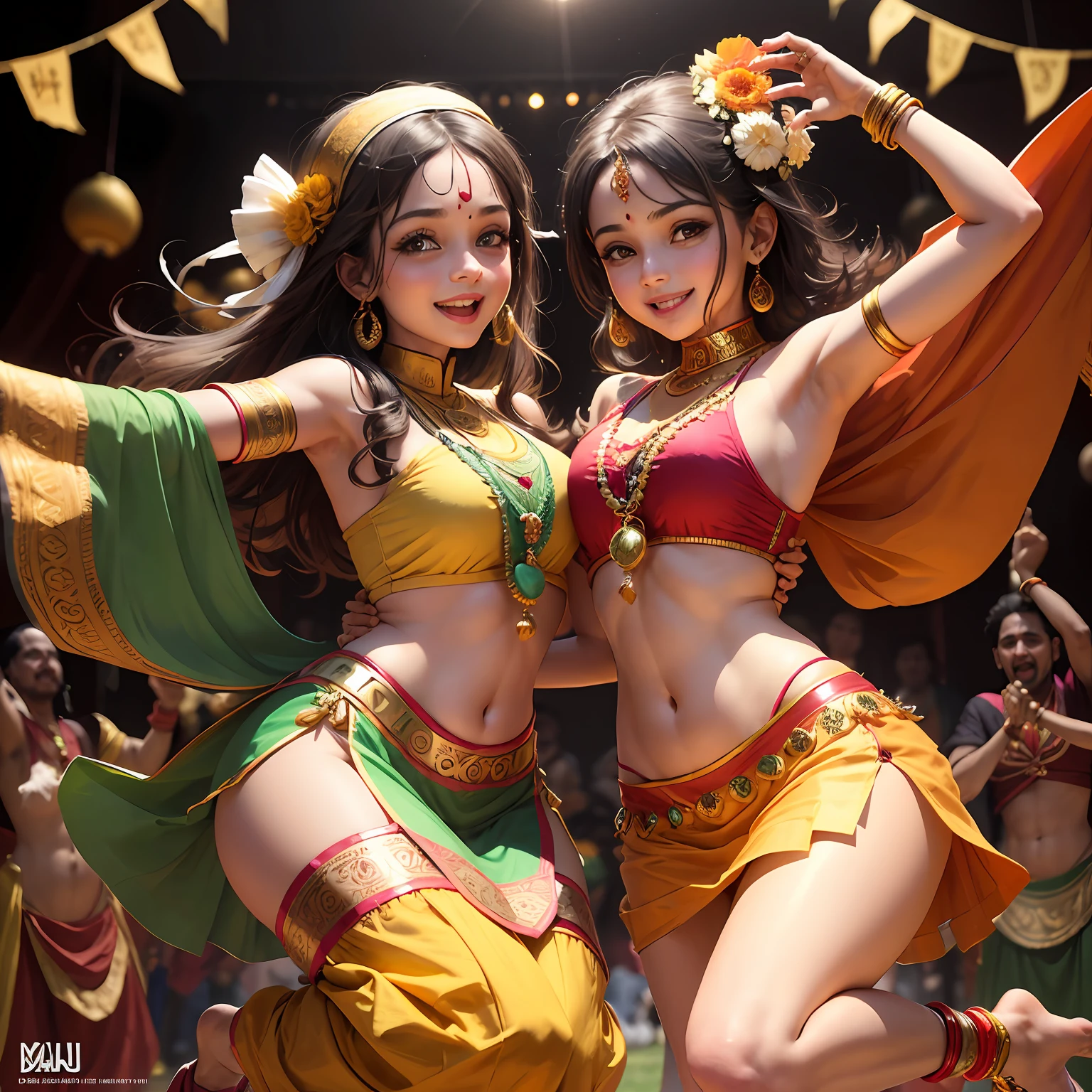 "Begin with a joyful shubhaarambh melody, depicting a vibrant celebration with colorful decorations, energetic dancing, and happy faces. Show the essence of a festive atmosphere, filled with traditional Indian elements like marigold flowers, vibrant ethnic attire, and lively music. Portray the joyous spirit of togetherness and new beginnings, capturing the essence of a Mangal bela, where positive energy and blessings abound." --auto