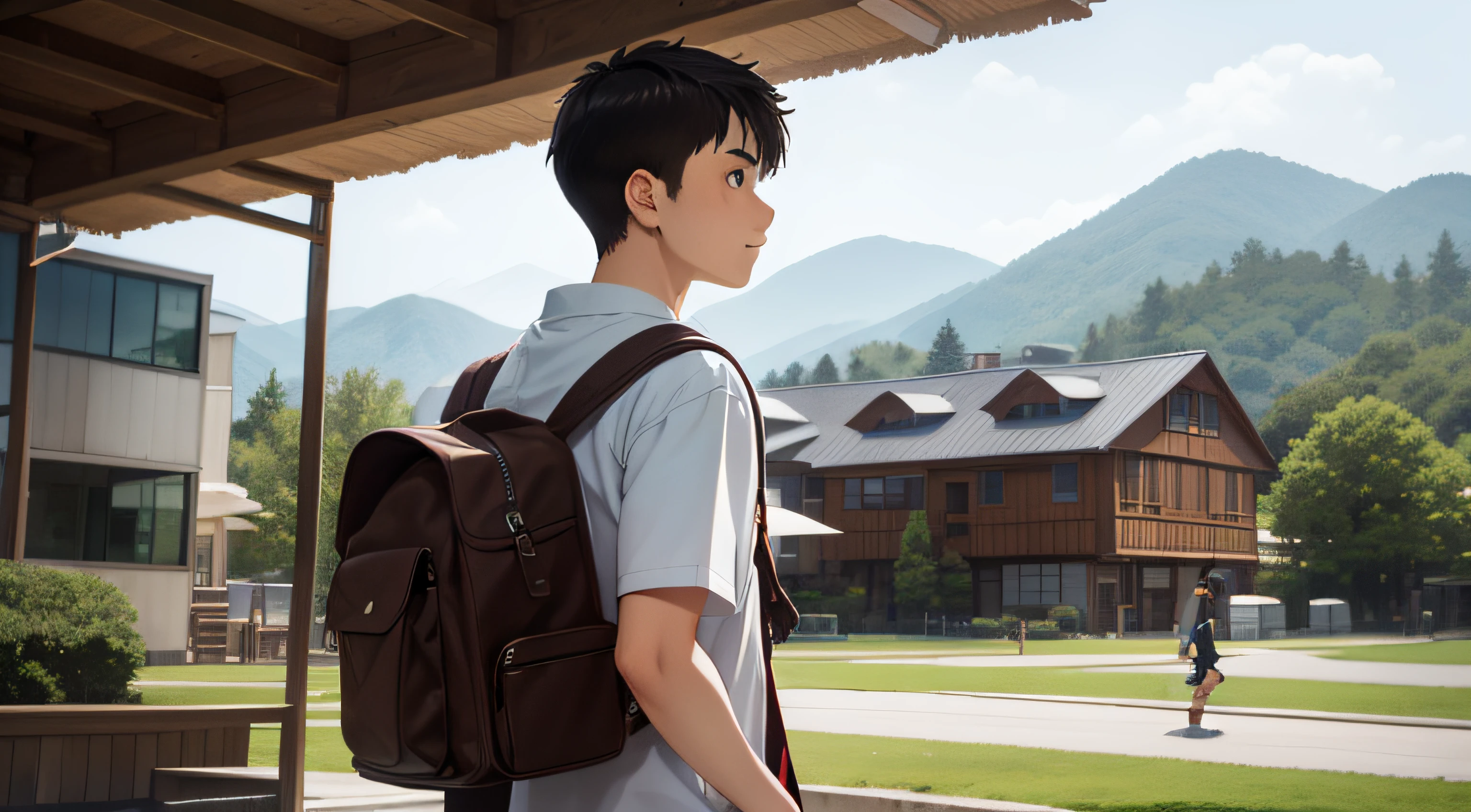 15-year-old boy named Zawa, son of a lumberjack, wearing a plaid shirt, a brown backpack on his back, blurred school in the background, Ghibli Film Studio
