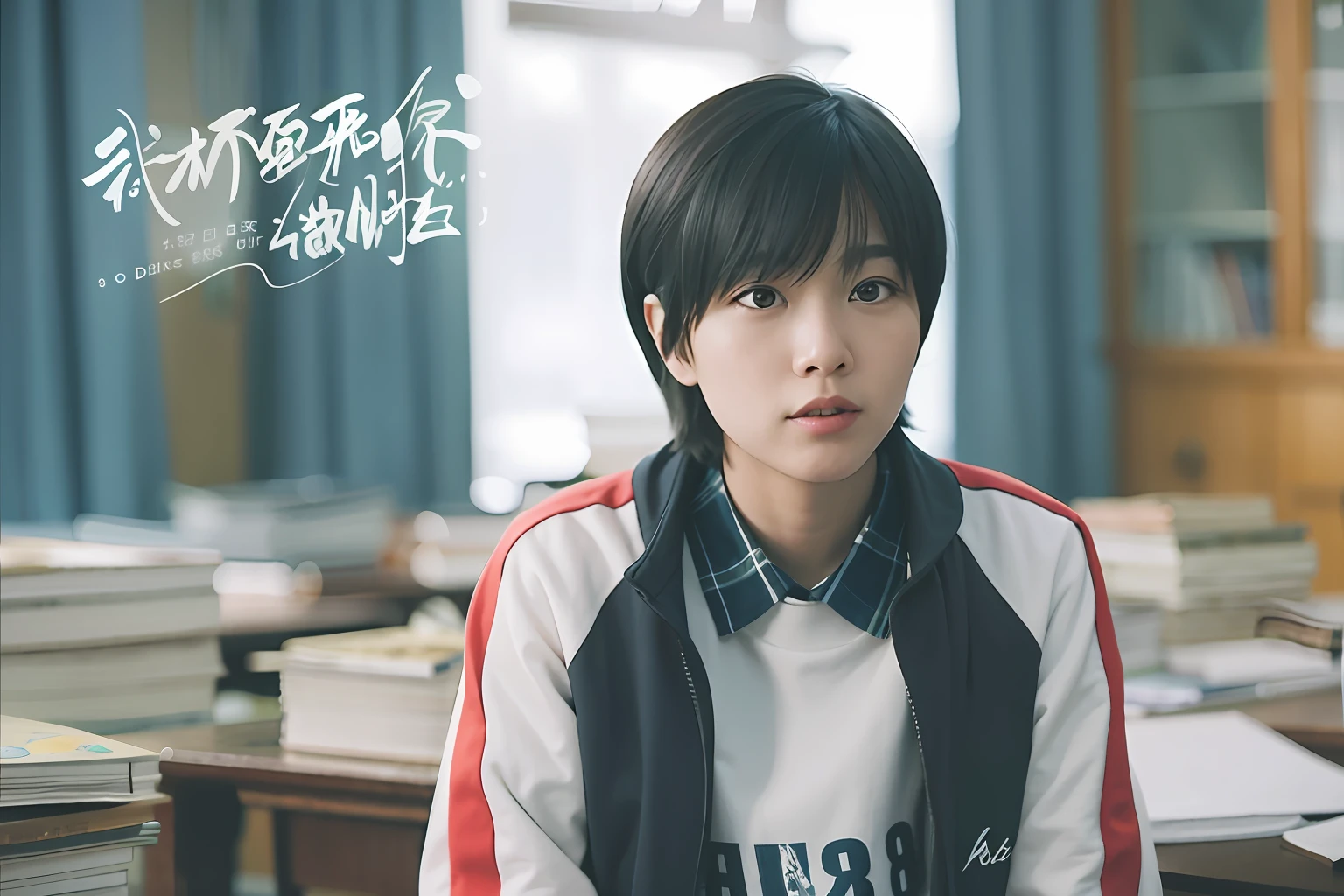 8K at its best,A perfect masterpiece,Short haired young schoolgirl sitting at desk,holding a book in his hands。,Inspired by Duffy Chuang, Inspired by Zhou Xun, Inspired by Luhan,Wear sportswear,Short hair bangs,adorable expression,ssmile,Keep one's mouth shut