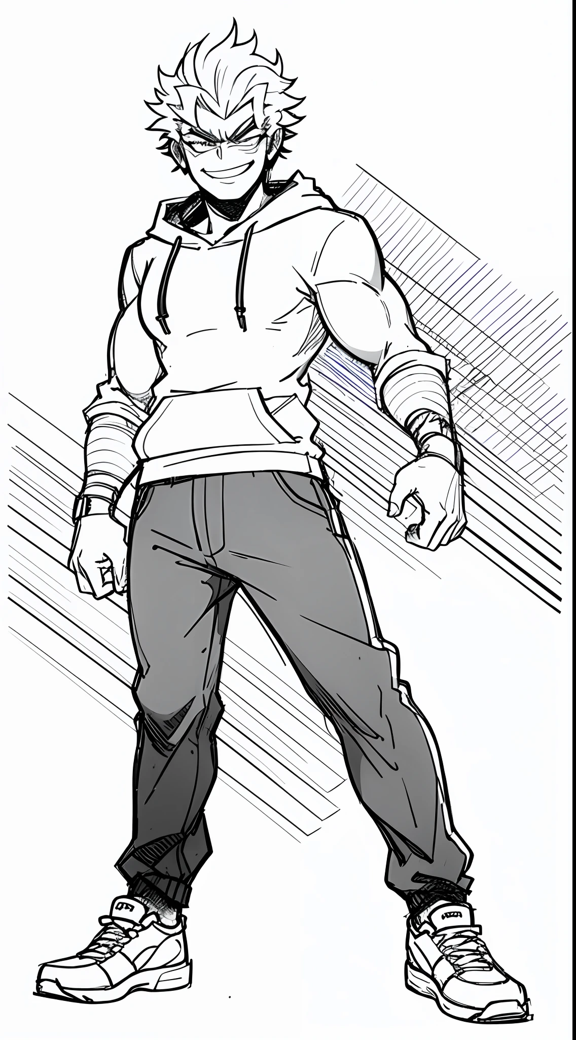 (Full Body: 1.2), white background, monochrome, line drawing, ((sketch)), 1boy, badass, antagonist, smug, smile, rolling eyes, muscle veins, short pant, hoodie