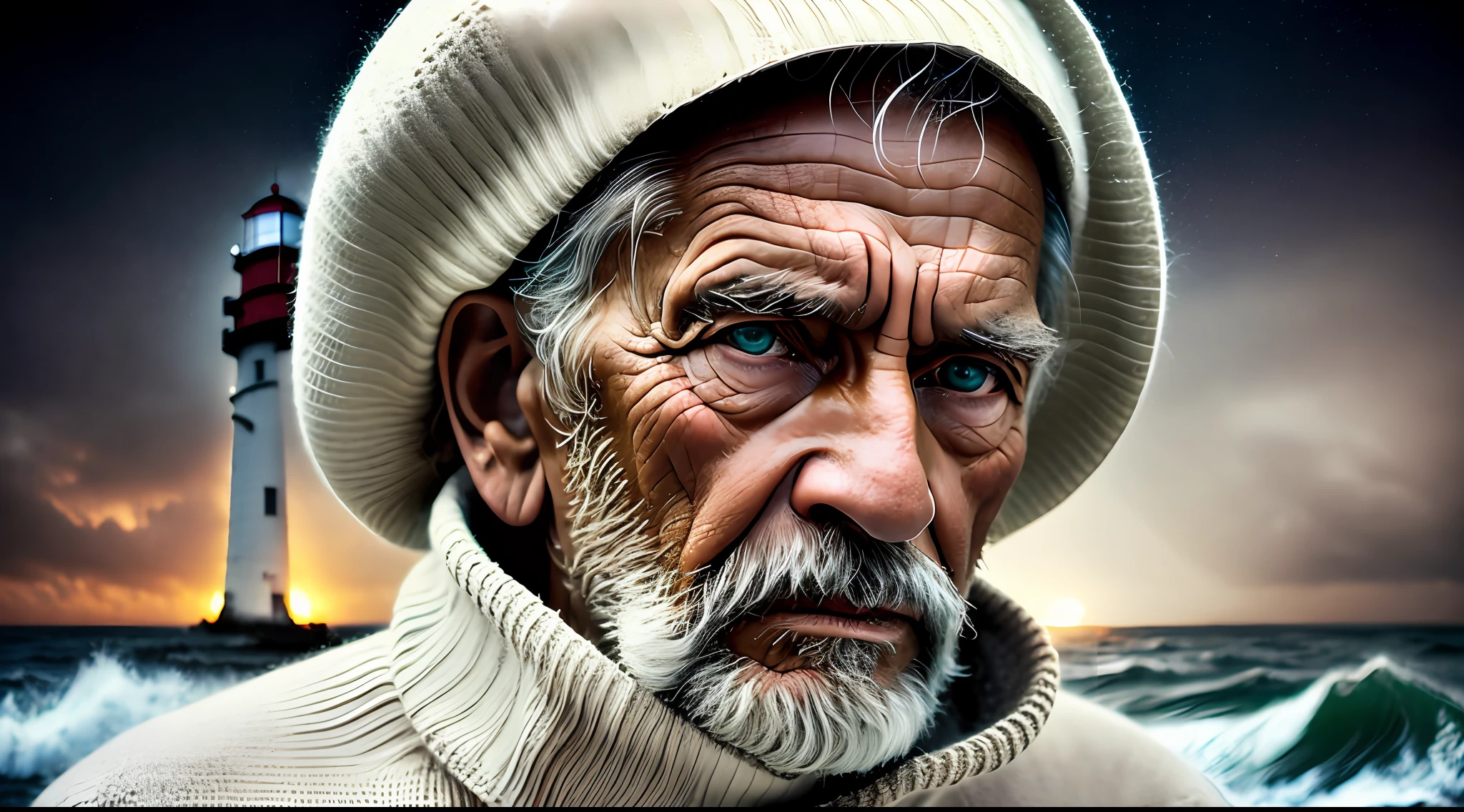 dark, deep shadow, award winning portrait photo of a rugged (old fisherman:1.3), (face focus:1.5), (storm:1.2), (waves:1.3), ocean, (lighthouse background:1.5), (cowboy shot:1.4), (white turtleneck knitted sweater:1.3), looking at viewer, realistic, masterpiece, highest quality, backlighting, (lens flare:1.1), (bloom:1.1), (chromatic aberration:1.1), by Jeremy Lipking, by Antonio J. Manzanedo, by lee jeffries nikon d850 film stock photograph 4 kodak portra 400 camera f1.6 lens rich colors hyper realistic lifelike texture dramatic lighting unrealengine trending on artstation cinestill 800