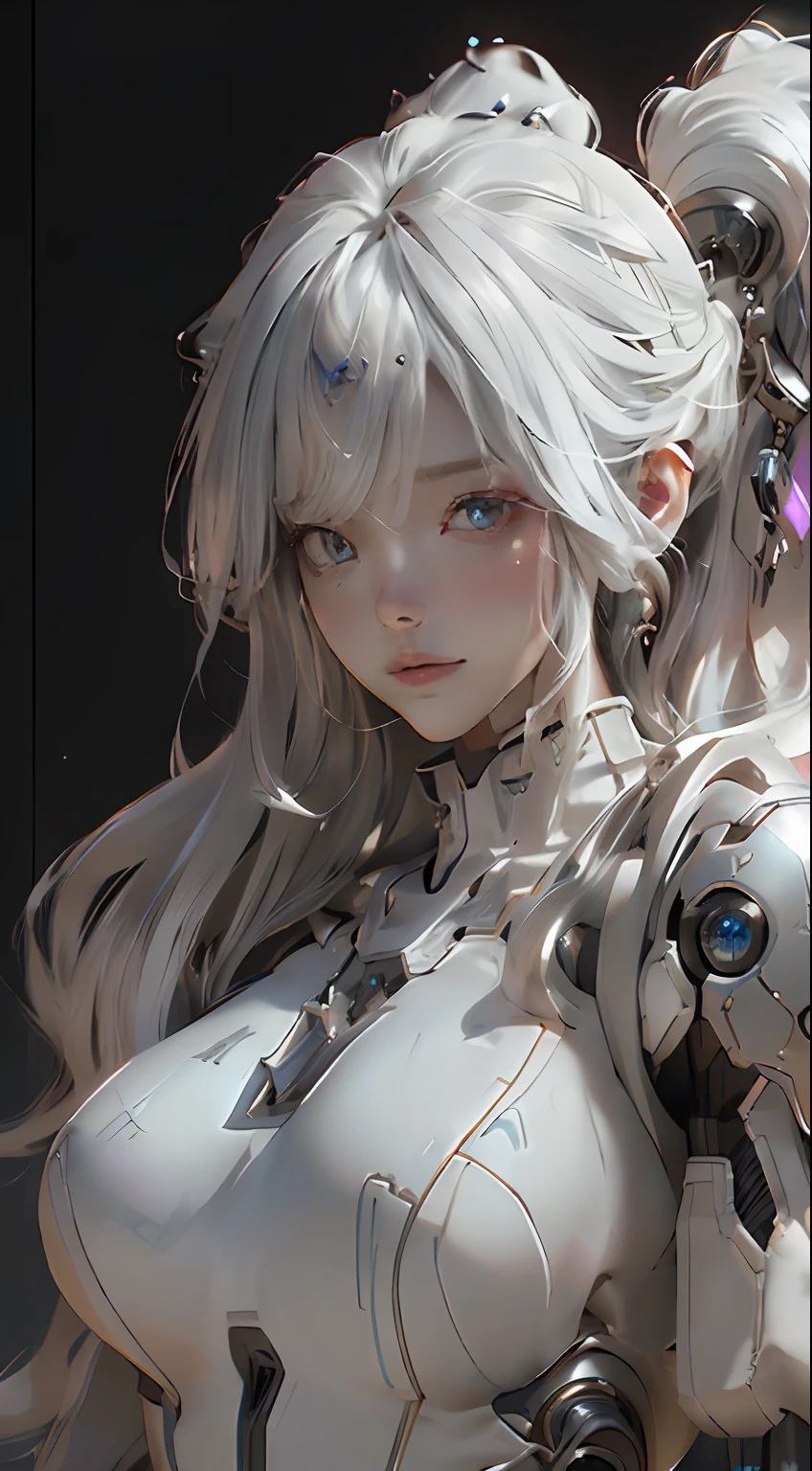 angel wings and a halo on her head, angel knight girl, silver haired deity, goddess, (Best Quality), ((Masterpiece), (Detail: 1.4), 3D, A Beautiful Cyberpunk Woman, HDR (High Dynamic Range), Ray Tracing, NVIDIA RTX, Super-Resolution, Unreal 5, Subsurface Scattering, PBR Textures, Post-Processing, Anisotropic Filtering, Depth of Field, Maximum Sharpness and Clarity, Multi-layer Textures, Albedo and Highlight Maps, Surface Shading, Exact simulation of light-material interactions, perfect proportions, Octane Render, bicolor light, large aperture, low ISO, white balance, rule of thirds, 8K RAW, close-up of a woman with very long hair and a very large body, perfect anime robot woman, anime robot with organic mix, best anime 4K konachan wallpaper, detailed digital anime art, beautiful girl cyborg, portrait of cyborg queen, cyborg - silver girl, biomechanics oppai, Digital cyberpunk anime art