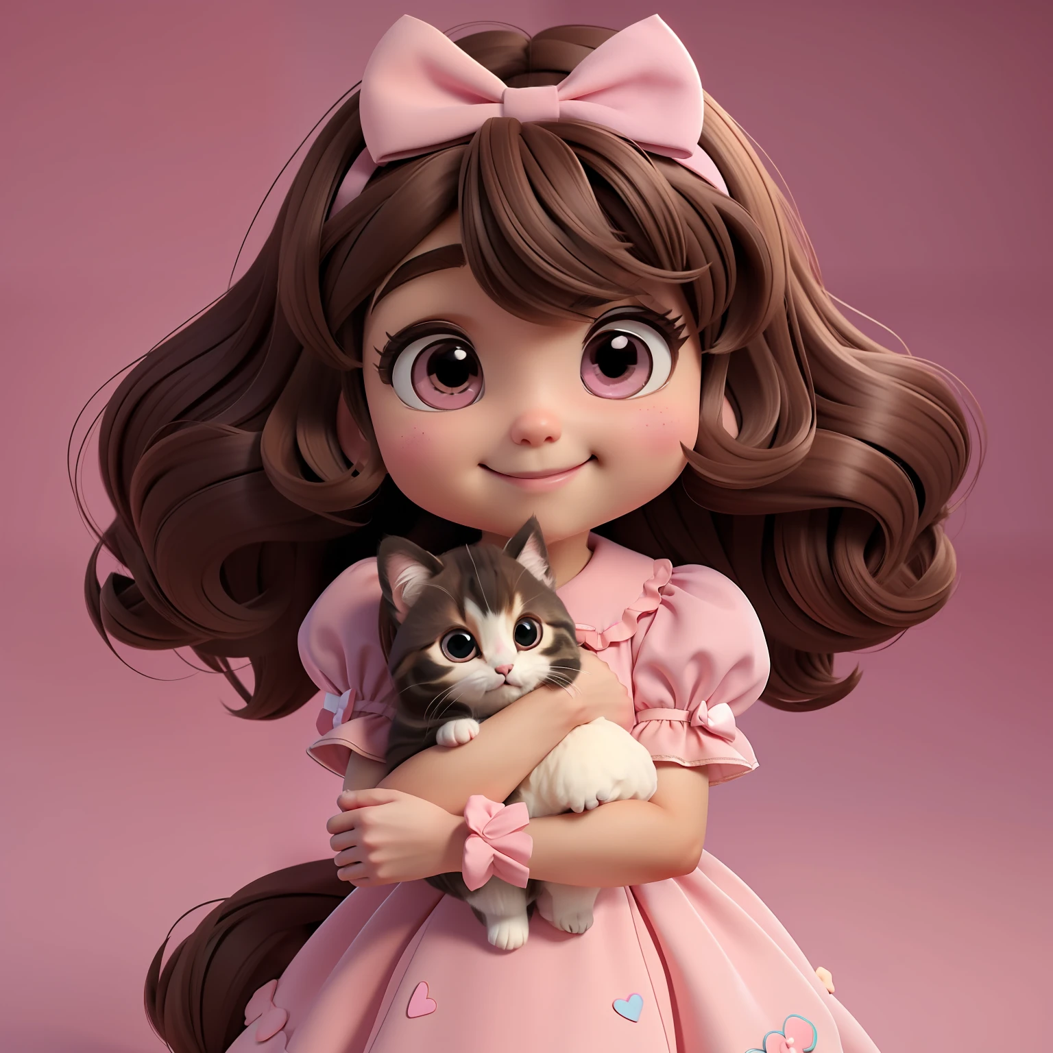 e girl, straight brown hair, kawaii, chibi, disney, pixar, fluffy, childlike, very cute, pink fluffy dress, fluffy sleeves, bow in hair, sweet face, round eyes, full body, hd quality, 3d effect, holding a kitten, smiling, sweet sweet girl