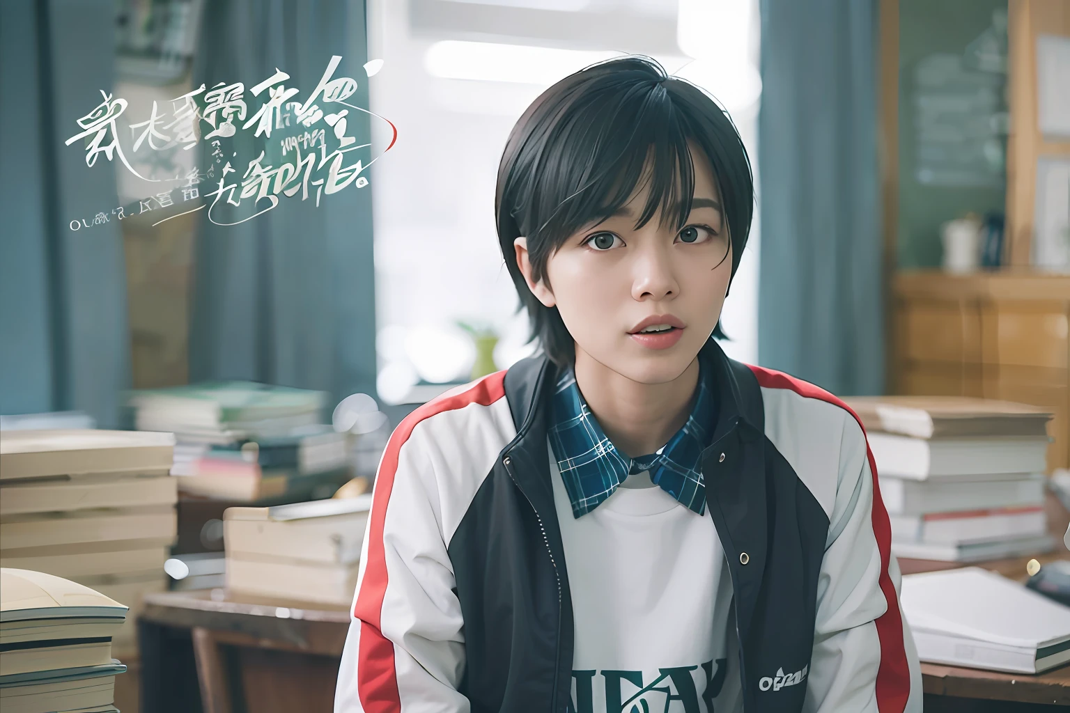 black hair, sidelocks, single sidelock, aqua eyes, happy tears, glowing eyes, evil smile, smiley, tachi-e, close-up, Sony FE GM, Eye-Level Shot, high detail, UHD, textured skin, anatomically correct, ccurate, masterpiece, award winning,Short haired young schoolgirl sitting at desk,Thin lips,Keep your mouth shut,Daffy style,Zhou Xun's demeanor,Inspiration for Luhan style and Wang Junkai's style,Wear sportswear,Short hair bangs,cuteexpression。