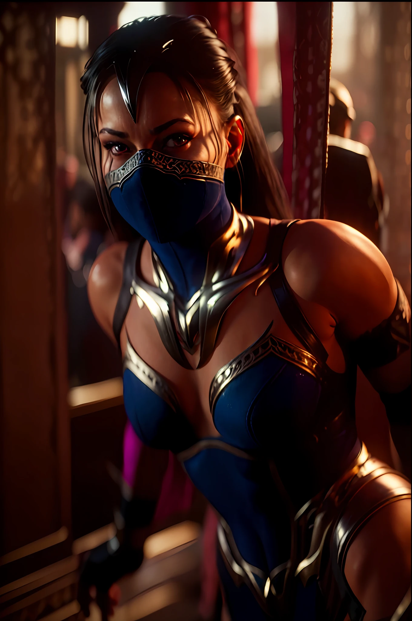 kitana, masterpiece, best quality,  ultra high res, (photorealistic:1.4), raw photo, finely detail, ultra detailed, highres, best shadow, sharp, focus, 8k UHD, DSLR, high quality, 1girl, solo, mask, long hair, gloves, fingerless gloves, veil, mouth mask, realistic, upper body, jewelry