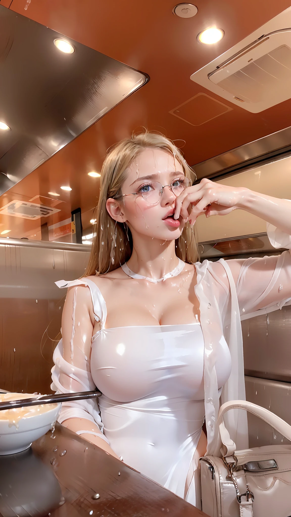 ((A very cute woman gets Full naked in a crowded train.)).((wearing a white silk plunging open shirt: 1.5.)). 40k, photography, masterpiece, best quality, dark grey background, ((1girl blue eyes and gorgeous light blonde hair, she wears glasses on her beautiful face, )). a beautiful Caucasian woman with big ass full soft breasts and white skin, varied poses.((Huge breasts :1.4)),((very soft breasts)), Ultra-detailed face, Detailed eyes. in a crowded train station. (lick popsicles). (((she is wet))).