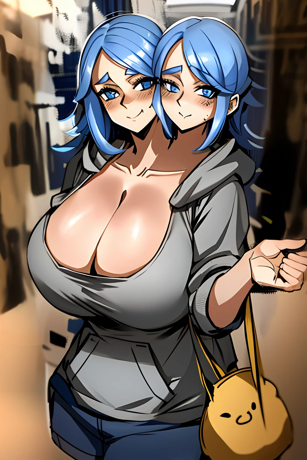 2heads, a short chubby woman with 2 heads. Enormous breasts. Baggy hoodie. Massive breasts. Outside in a city. Showing cleavage. Flirty expression. Teasing. Enormous breasts. Blushing. Seductive. Gigantic breasts.