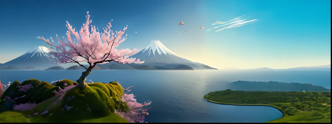 There is a tree that is standing on a hill near the water, Cerejeira em flor, pink tree next to a large lake, cherry-blossom-tree, Paisagem japonesa, uma bela paisagem, Monte Fuji, Ambiente bonito, cerejeiras em flor, japan nature, sakura tree in background, beautiful scenery, sakura trees, Paisagens muito bonitas, Mt. Fuji, fundo do monte Fuji