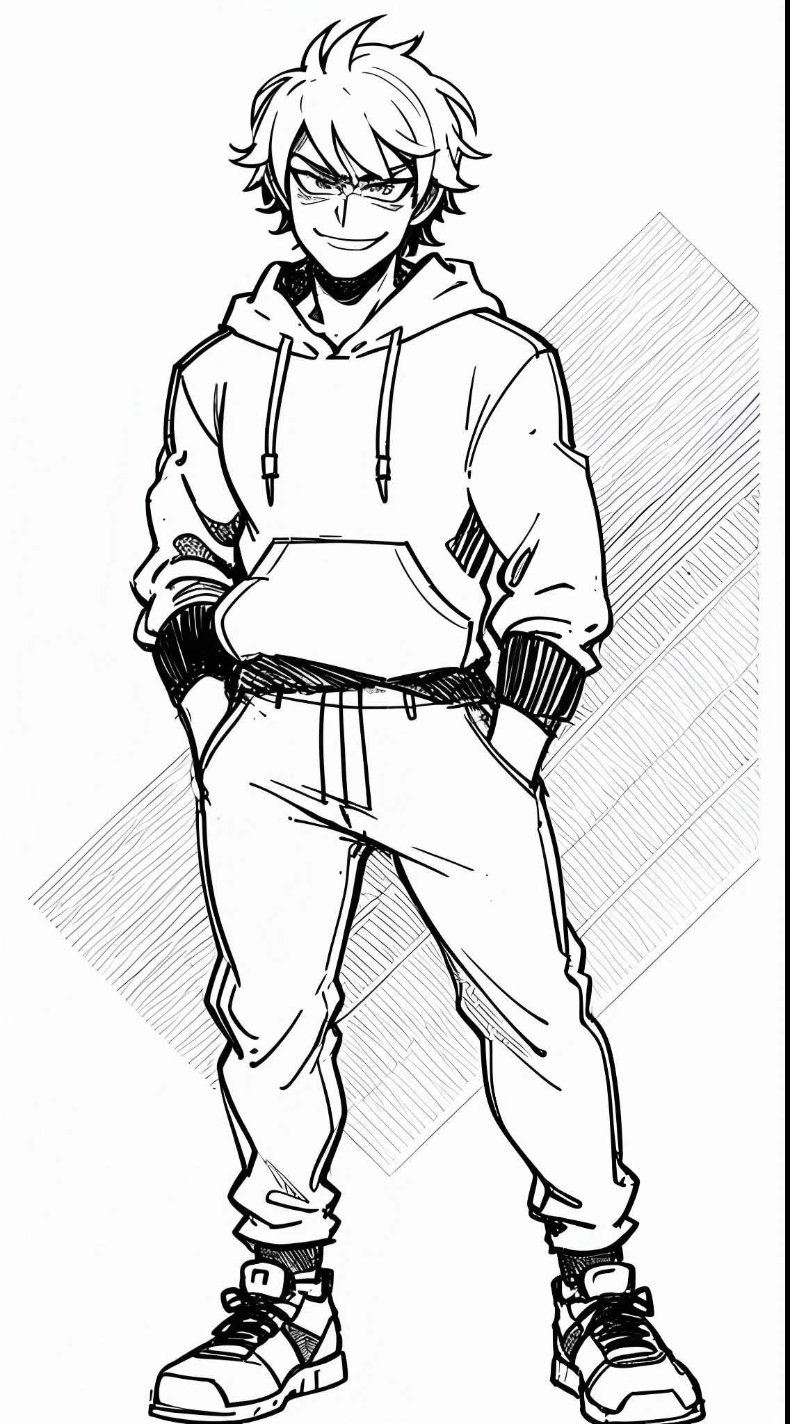 (Full Body: 1.2), white background, monochrome, line drawing, ((sketch)), 1boy, badass, antagonist, smug, smile, rolling eyes, muscle veins, short pant, hoodie
