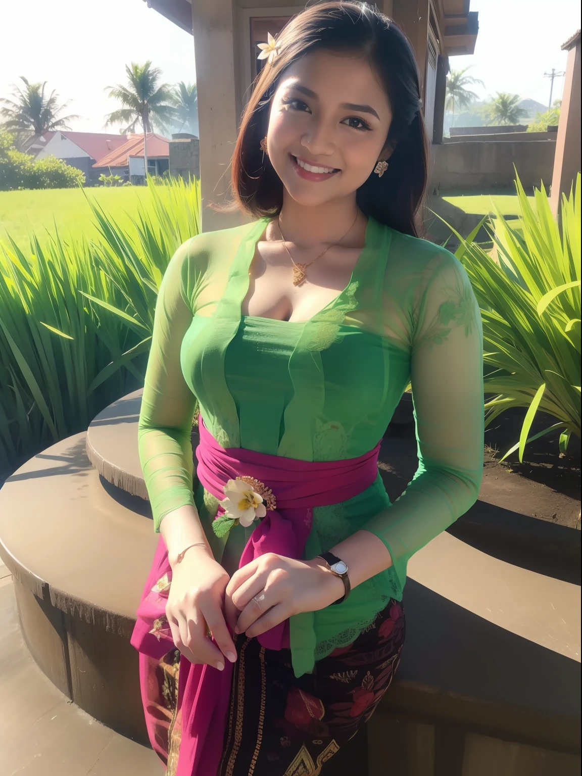 1girl, (green_kebaya_bali), (kebaya_bali), flower, sunlight, praying, grass, nature, outdoors, detailed face, detailed eyes, huge breasts, shiny skin, looking at the audience, (laughing cute: 1.2), (happy), (8k, RAW photo, best quality, masterpiece: 1.2), (realistic, realistic: 1.37), ultra-high resolution