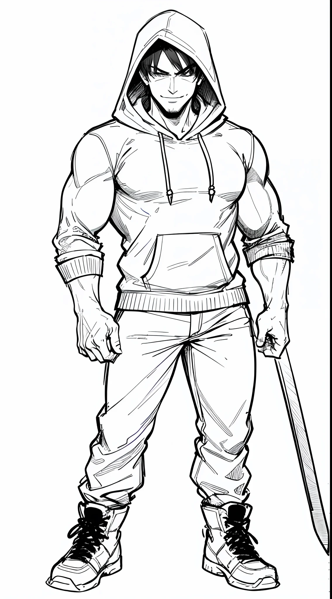 (Full Body: 1.2), white background, monochrome, line drawing, ((sketch)), 1boy, badass, antagonist, smug, smile, rolling eyes, muscle veins, hoodie