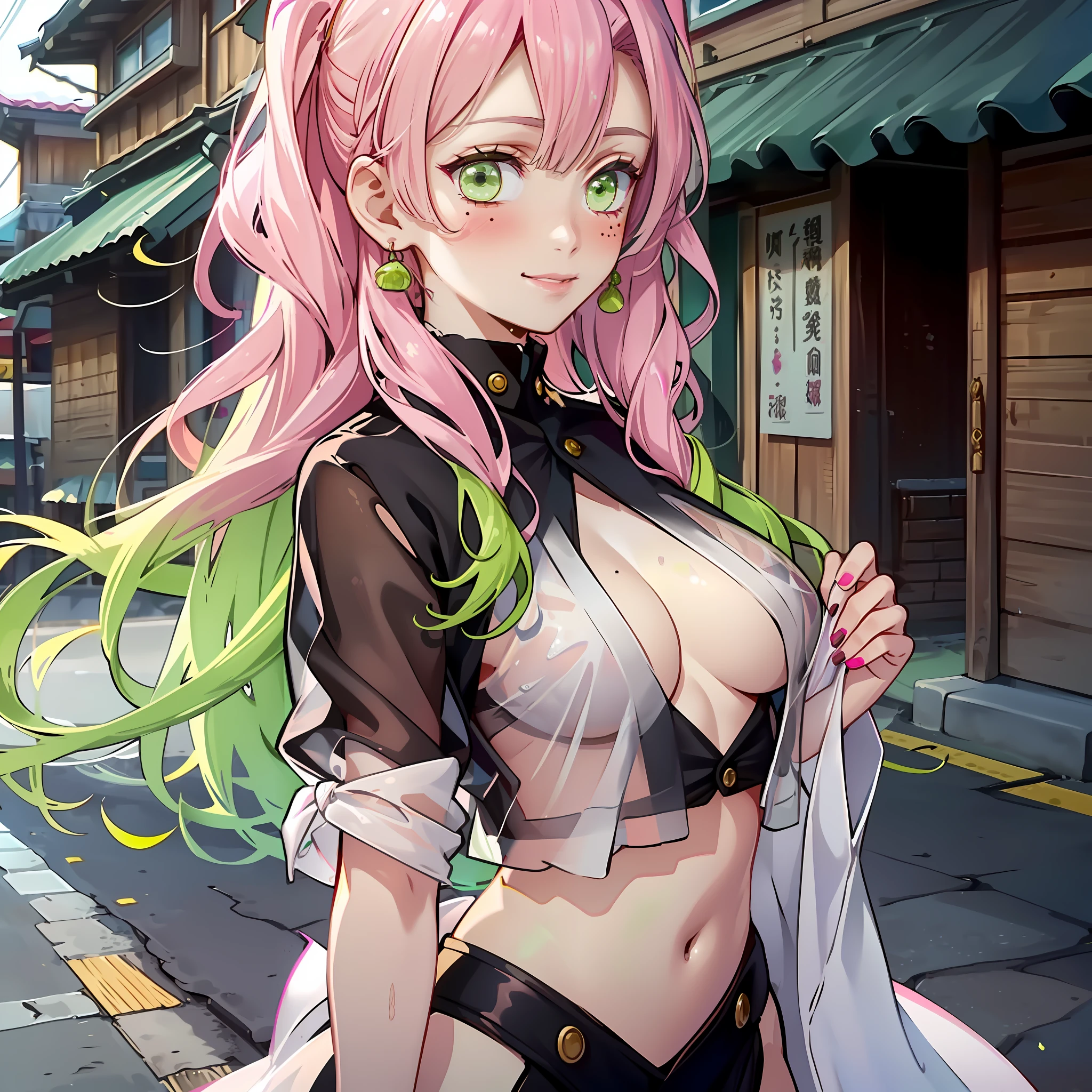 sharp focus, dynamic angle, (colored), 1girl, ((Mitsuri Karonji)), (lime green eyes: 1.4), (moles under the eyes), (hair two colors, pink, green), (on the street: 1.2), Japanese houses, ), (wide hips), large breasts, outdoor, big ass, thighs, ultra detailed, highest quality, cowboy shot, soft shadows, (extremely detailed eyes and face: 1.4), sexy, cute smile, blush, (wearing ((vaporous:1.2) (see-through:1.2) (white: 0.6) (chiffon) (crop top) grasped (wet: 1.4) skin ): 1.2)),