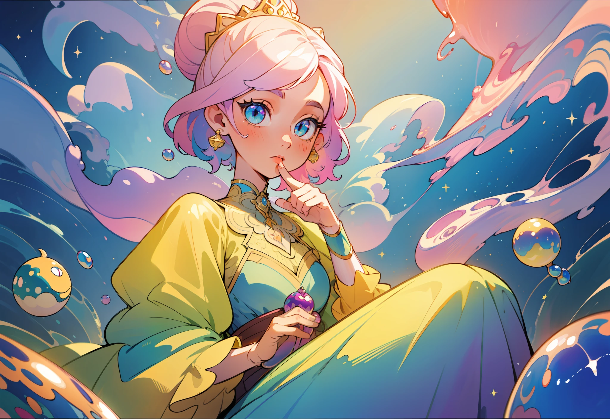 masterpiece, best quality, 8k resolution, sharp focus, intricate detail, beautiful girl, sparkling eyes, golden ratio face, otherworldly liquid, watercolor, pastel colors, bright colors, whimsical, colorful, sharp focus, high resolution, fine detail, princess fantasy liquid ballgown