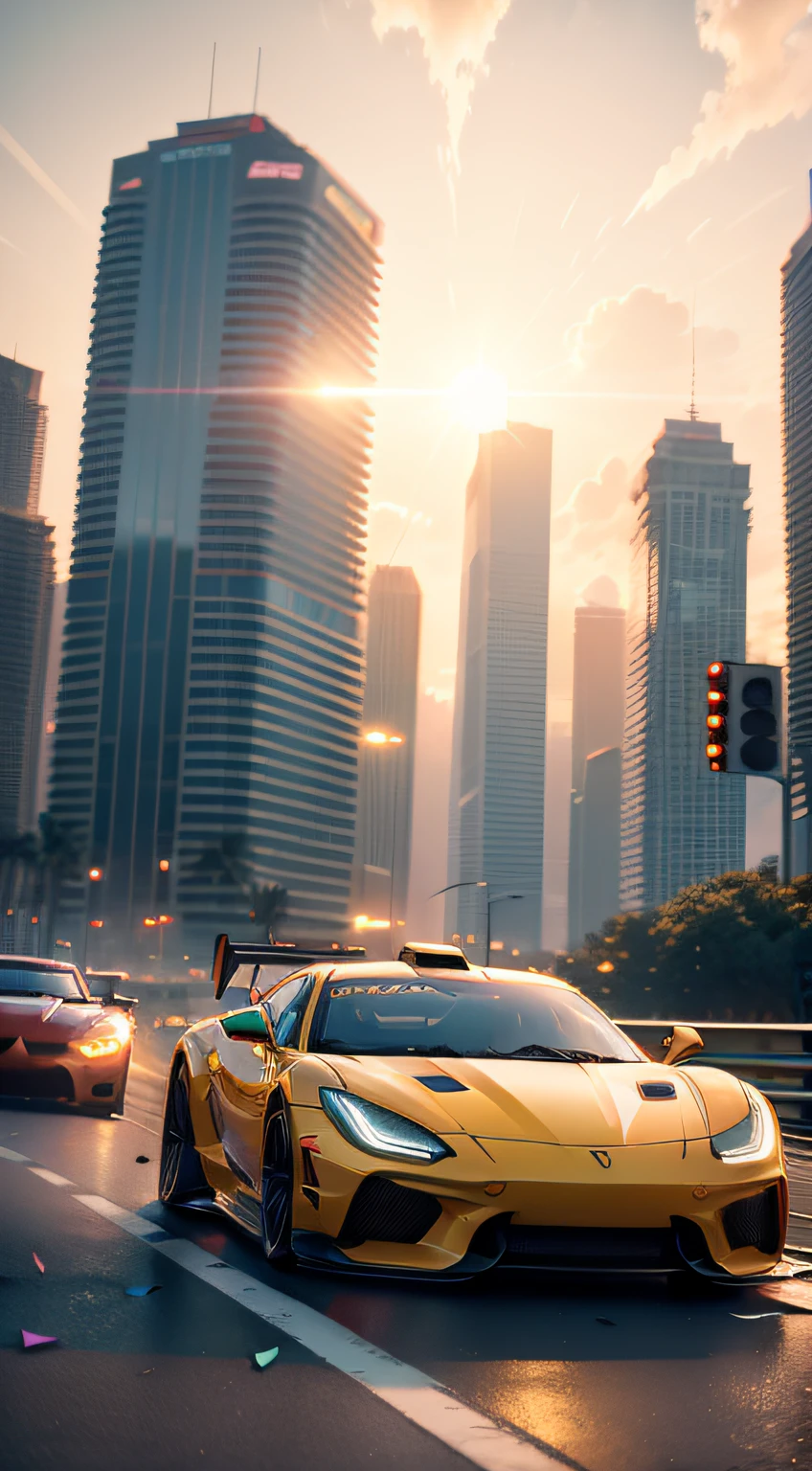 bright sunny day beautiful cloudy sky sunset sports car racing down cyberpunk Miami city streets neon signs and crowds confetti debris dust wind volumetric fog exciting epic action camera, (masterpiece:1.2) (photorealistic:1.2) (bokeh) (best quality) (detailed skin) (intricate) (8k) (HDR) (cinematic lighting) (sharp focus)