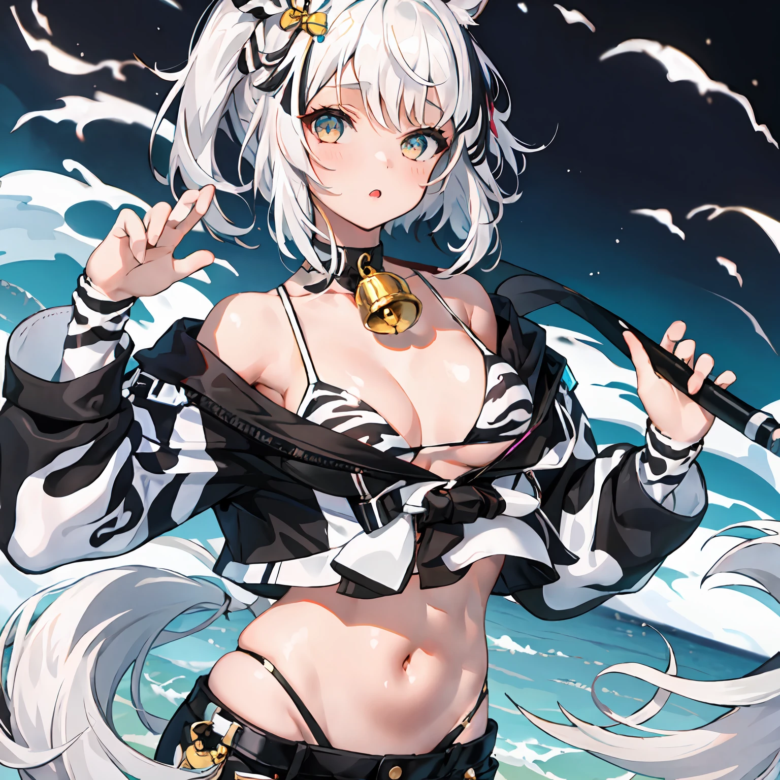 1girl,Solo,Umamusume,Zebra_print,White_eyes,multicolored_hair,messy_hair,White_hair,Black_hair,Short_hair,Neck_bell,sea,bikini,shiny_skin,stomach,(navel_focus:1.2)