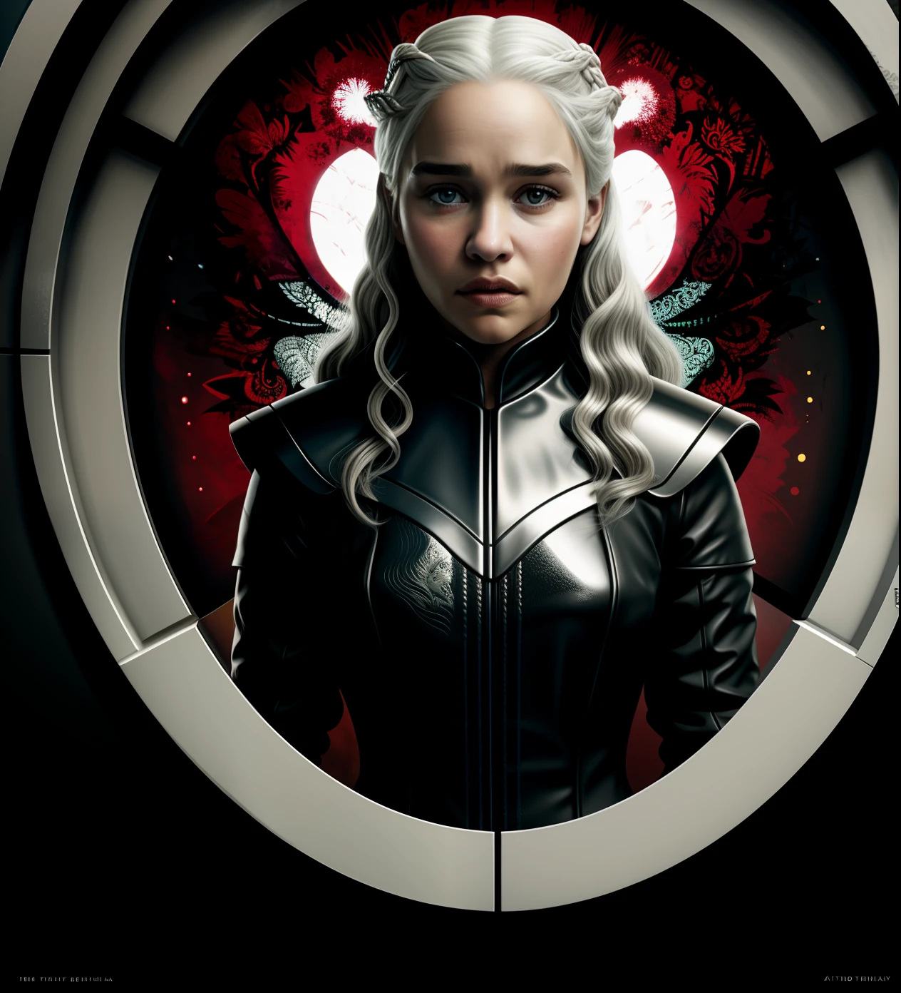 t-shirt design, 3D illustration, centered art, trono de ferro  background, Photorealism, face of Emilia Clarke Atriz britânica White hair de Game of Thrones, gothic colors, mood of tension and terror, Adobe Illustration, Trending on Artstation, 8K, hd, masterpiece, gorgeous art, intricate details , AMOLED. Photorealism