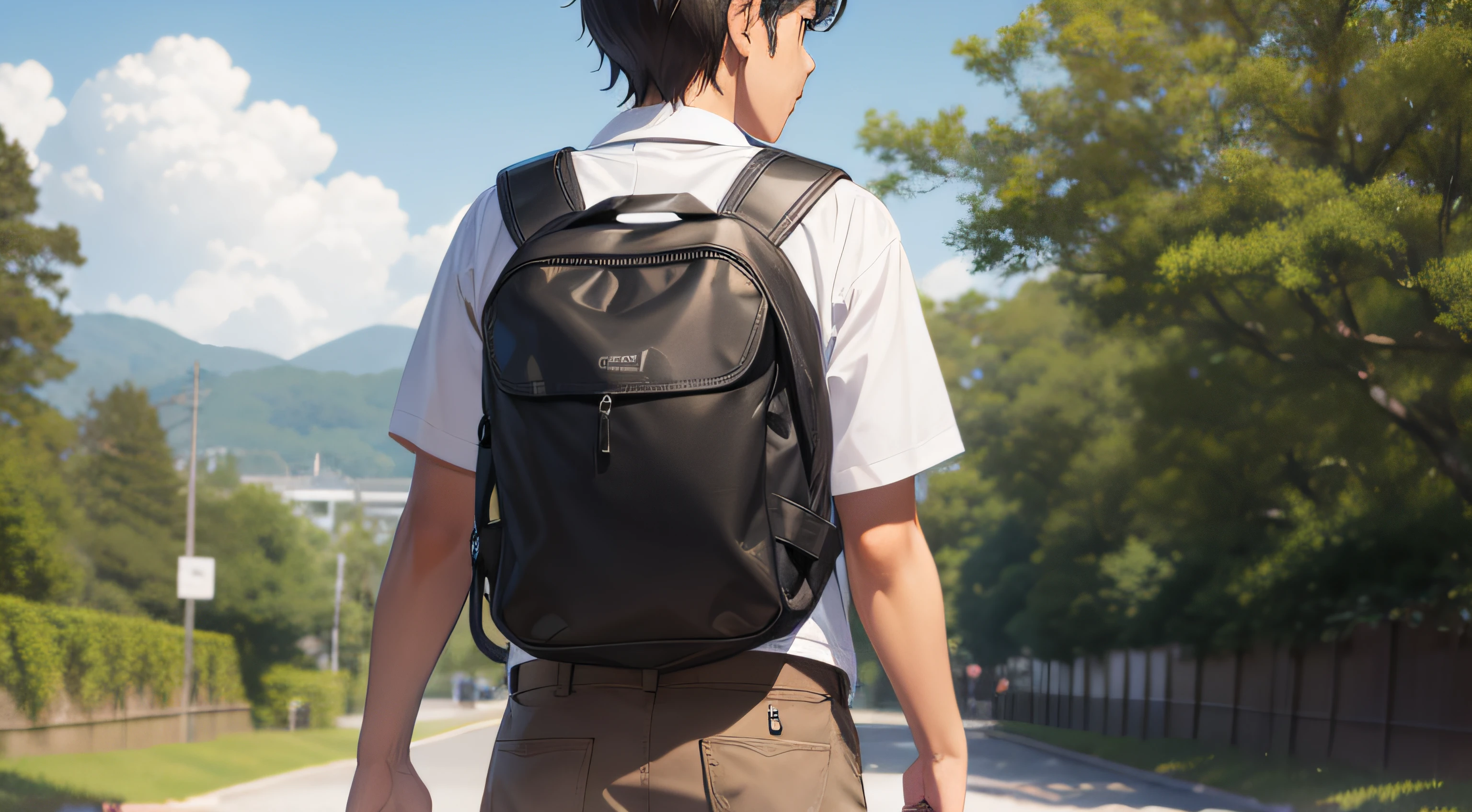 15-year-old boy named Zawa, son of a lumberjack, in a plaid shirt, a brown backpack on his back, a blurred school in the background, Ghibli Film Studio
