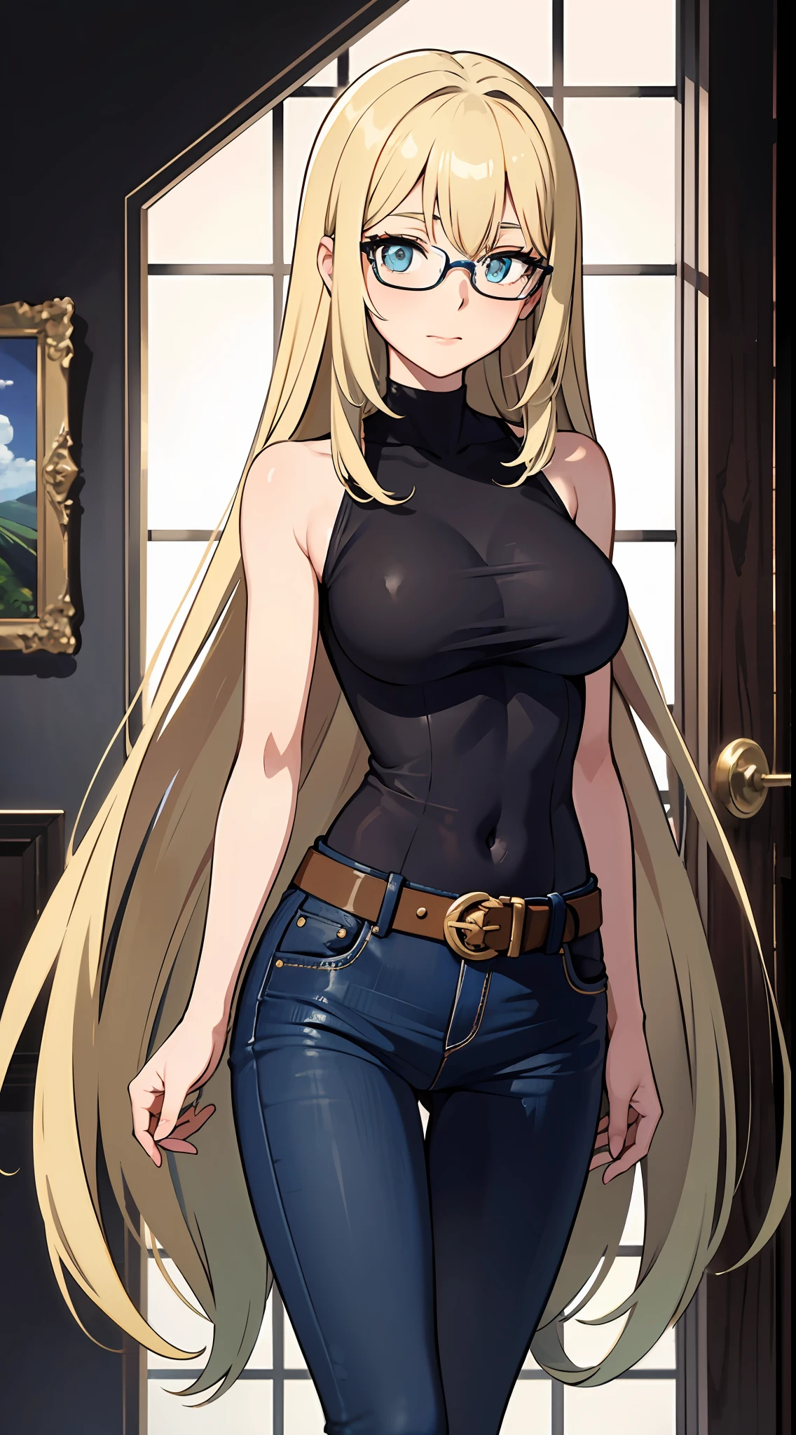 anime woman, stylishly dressed in a tight blue sleeveless dress with a waist belt, complemented by cyan wide leg jeans, and sporting long blond hair and glasses. She is calm and collective and has a confident expression on her face. The scene takes place inside of a museum.