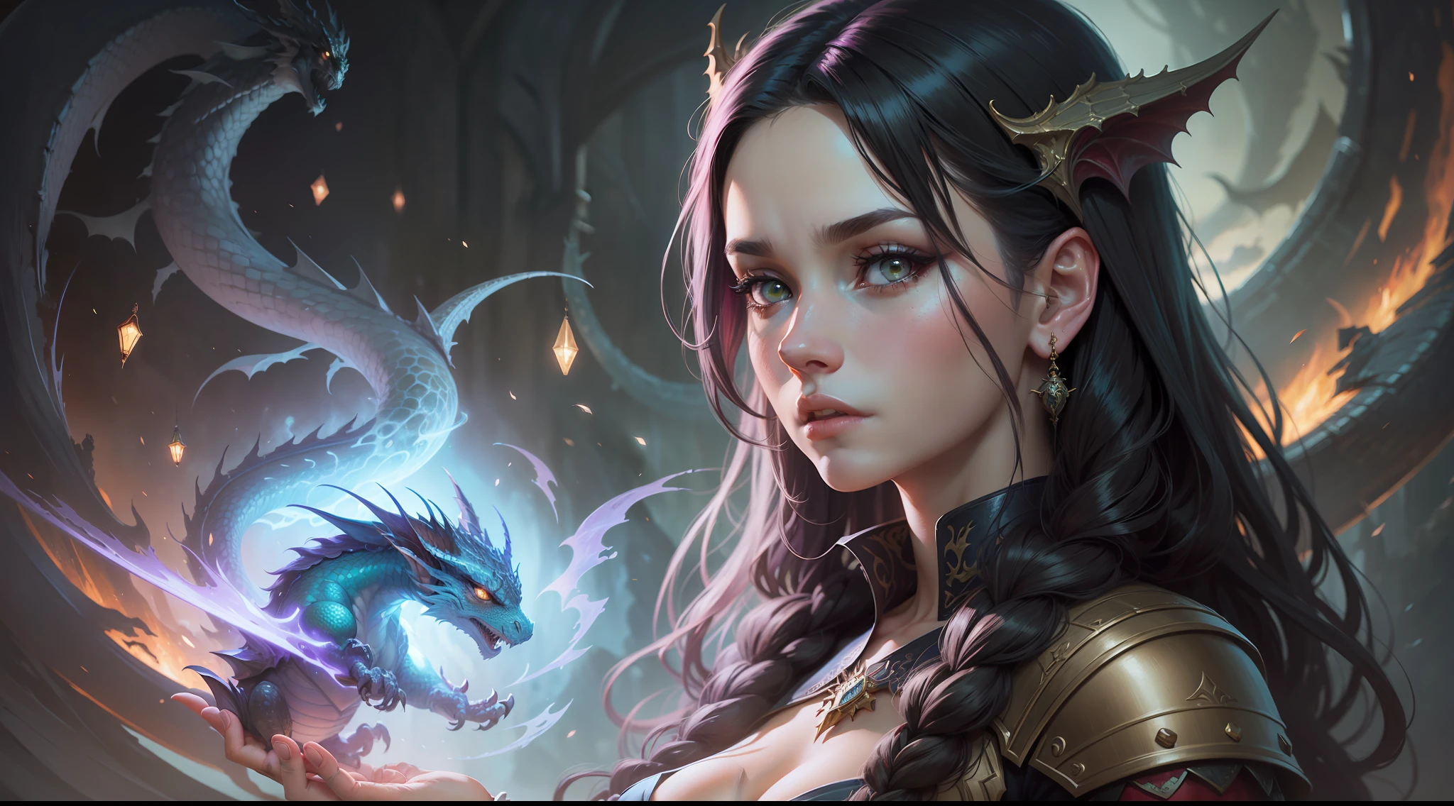 mulher cabelo loiro , and braids in front of her, the dragon girl portrait, Epic fantasy art style, estilo de arte de fantasia, epic fantasy HD art style, realistic fantasy illustration, Arte no estilo de Guweiz, arte fantasia behance, arte de fantasia hiperrealista, arte de anime digital detalhada, arte de fantasia realista, garota , Dragoned, retrato de fantasia fosco detalhado, Wojtek FUS, next to a dragon, toda a composicao do lado da imagem