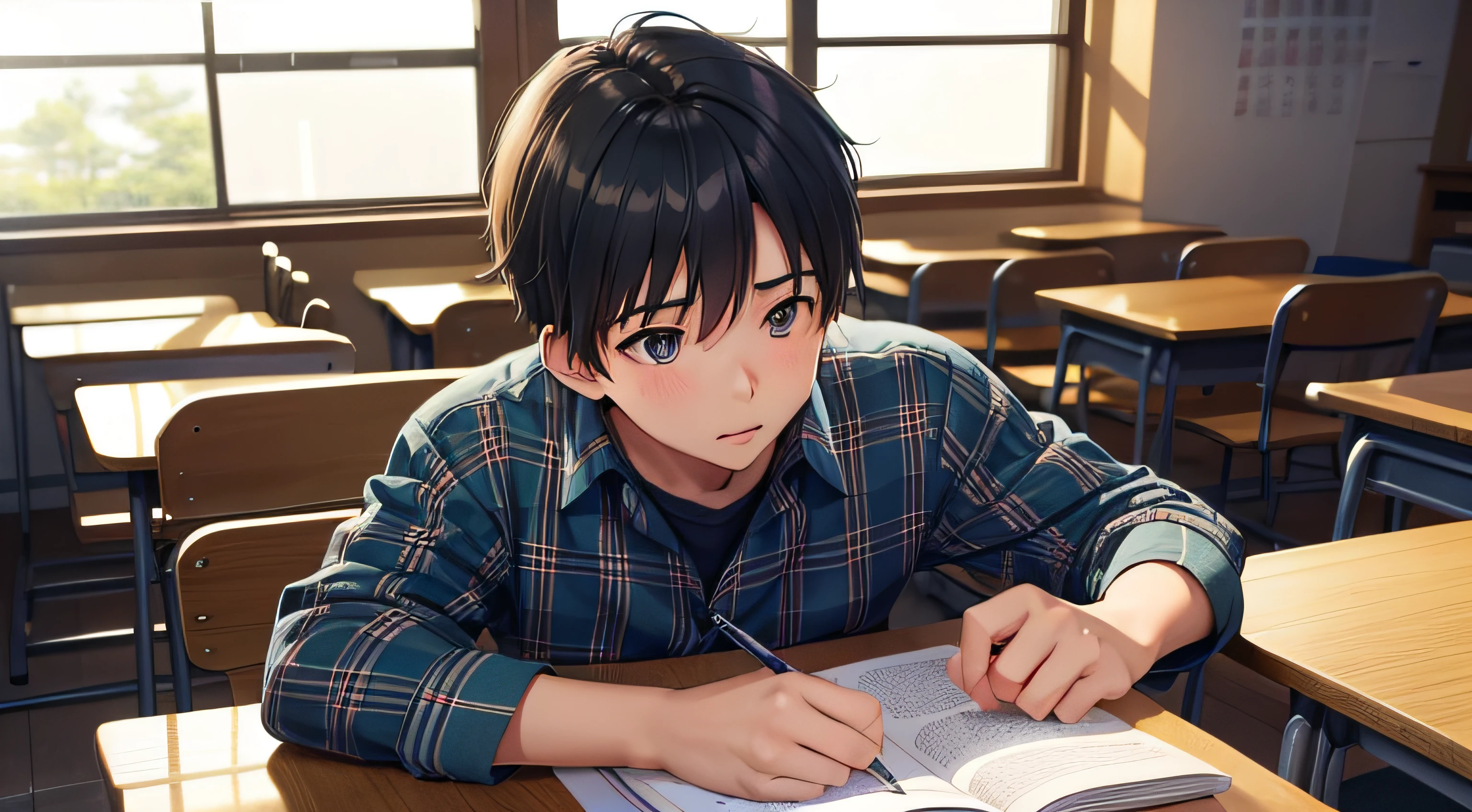 15-year-old boy named Zawa, son of a lumberjack, in plaid shirt, inside classroom studying, Ghibli Film Studio