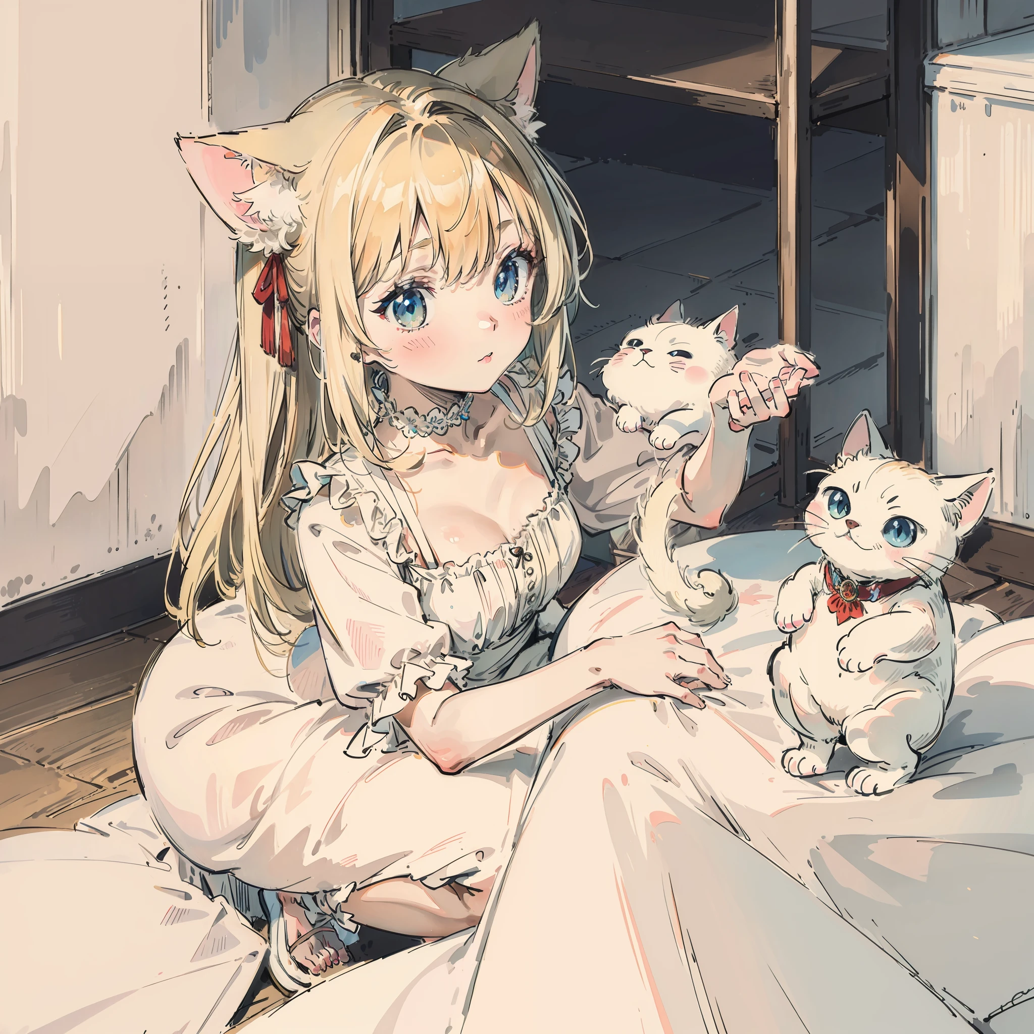 top-quality、masterpiece、White Dress、Take a cute cat、