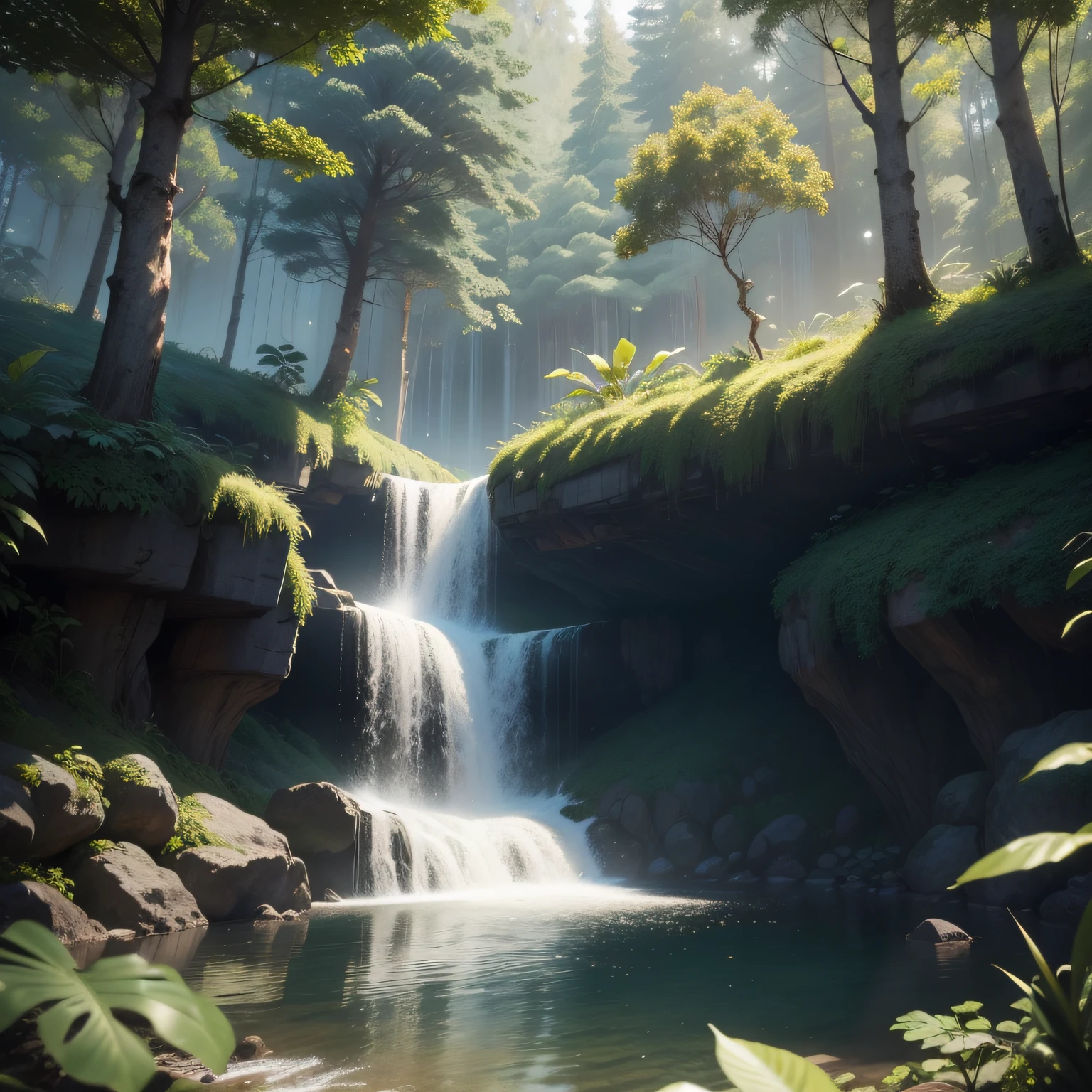 Obra-prima, melhor qualidade, (papel de parede CG 8k muito detalhado), (melhor qualidade), (best illustration), (melhores sombras), sprite brilhante, , lake with drinking water, elementos naturais no tema da floresta . Pequeno casa, como um chale (melhor qualidade). Floresta misteriosa, bela floresta, natureza, cercada por flores, folhas delicadas e galhos cercados por vaga-lumes (elementos naturais), (tema da selva), (folhas), (galhos), (vaga-lumes), (particle effects) etc. 3D , Octane renderização, ray tracing, super detalhado