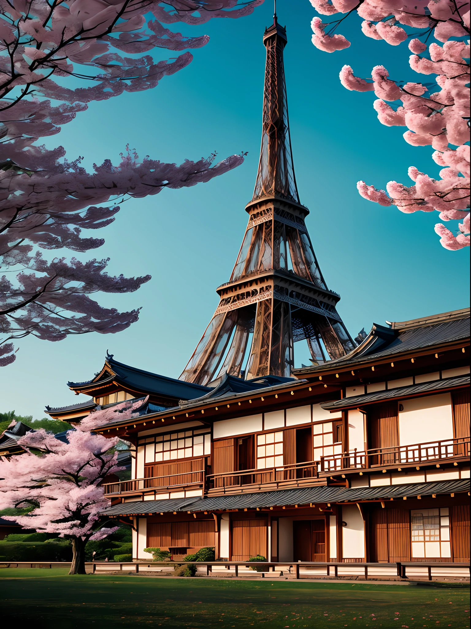 A beautiful intricate 8K award-winning ground-level cinematic movie eye-level-view photograph of a sparsely populated future japan with two contemporary samurai villa style house, and the Eiffel Tower, set to the right of the image in the background, pastel goth and noir mix style. in the year 2050, by Bruno Delbonnel and greg rutkowski. Arri Alexa 65, IMAX 70mm footage. sparsely populated, vacant. Cinematic lighting cherry blossom, trees, clutter, dense, density, people, man, woman, girl --auto --s2