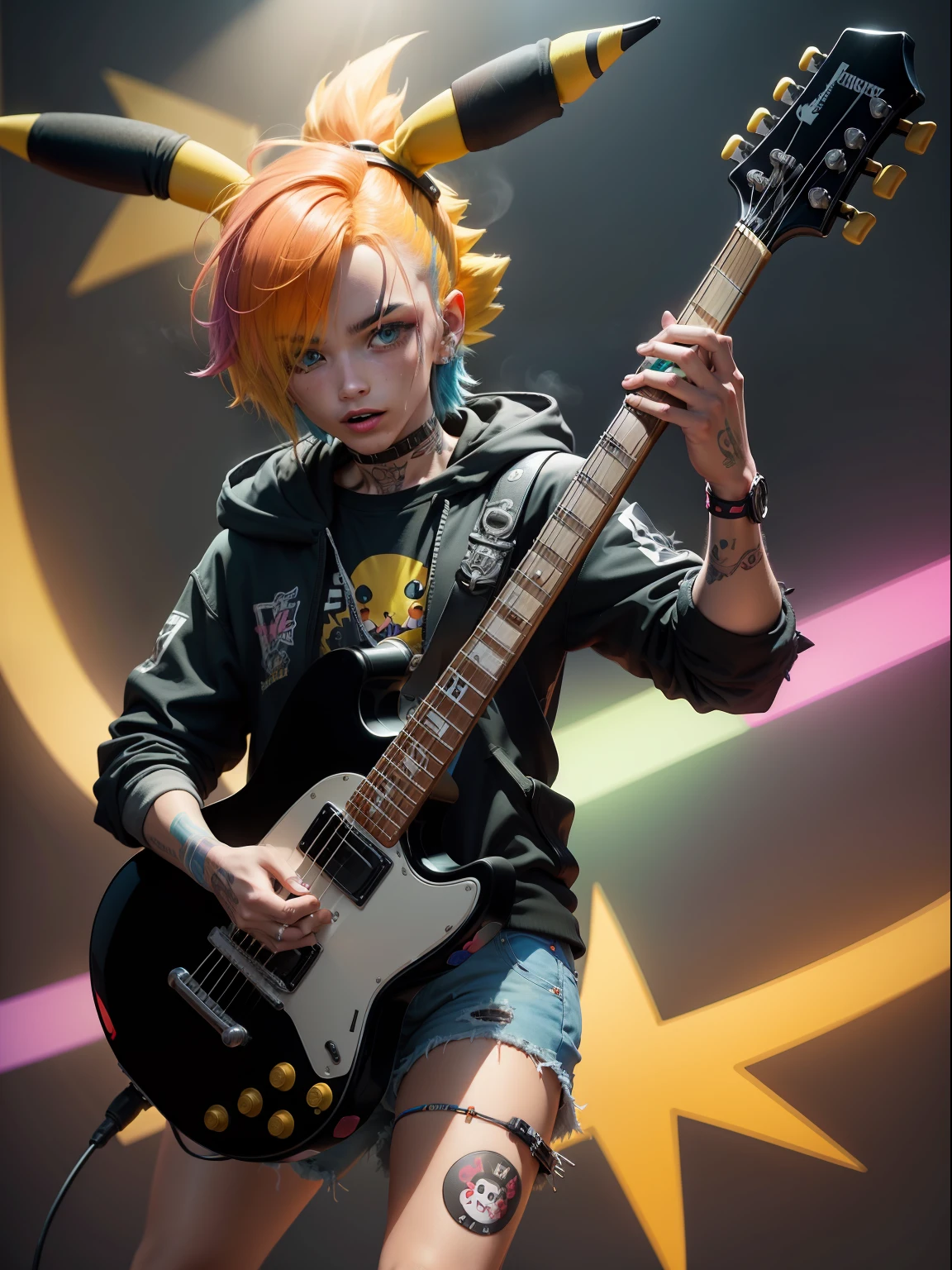 Gere uma imagem divertida e empolgante do Pikachu tocando guitarra com um visual punk. O Pikachu deve estar em uma pose animada, com as pernas afastadas e inclinado para frente, mostrando energia e entusiasmo na sua performance musical. O Pikachu deve ter um cabelo punk, com fios espetados e coloridos em tons vibrantes como roxo, azul e amarelo. O cabelo pode ser estilizado de forma selvagem, with pointy and messy locks. Ele deve estar vestindo uma jaqueta de couro preta com tachinhas e patches de bandas de rock. The jacket may have yellow or electric details to match the color of Pikachu. He may also wear a black T-shirt with skull prints or band logos.. Pikachu's guitar should be electric and have a unique design, com cores brilhantes e chamativas. May have band stickers or other punk decorations. Ao fundo da imagem, inclua uma atmosfera de show ao vivo, with colorful stage lights and smoke effects. Adicione uma plateia animada e entusiasmada, with other Pokémon enjoying the music and dancing. Certifique-se de que a imagem seja vibrante e cheia de energia, transmitindo a personalidade punk e animada do Pikachu enquanto ele se diverte tocando guitarra.